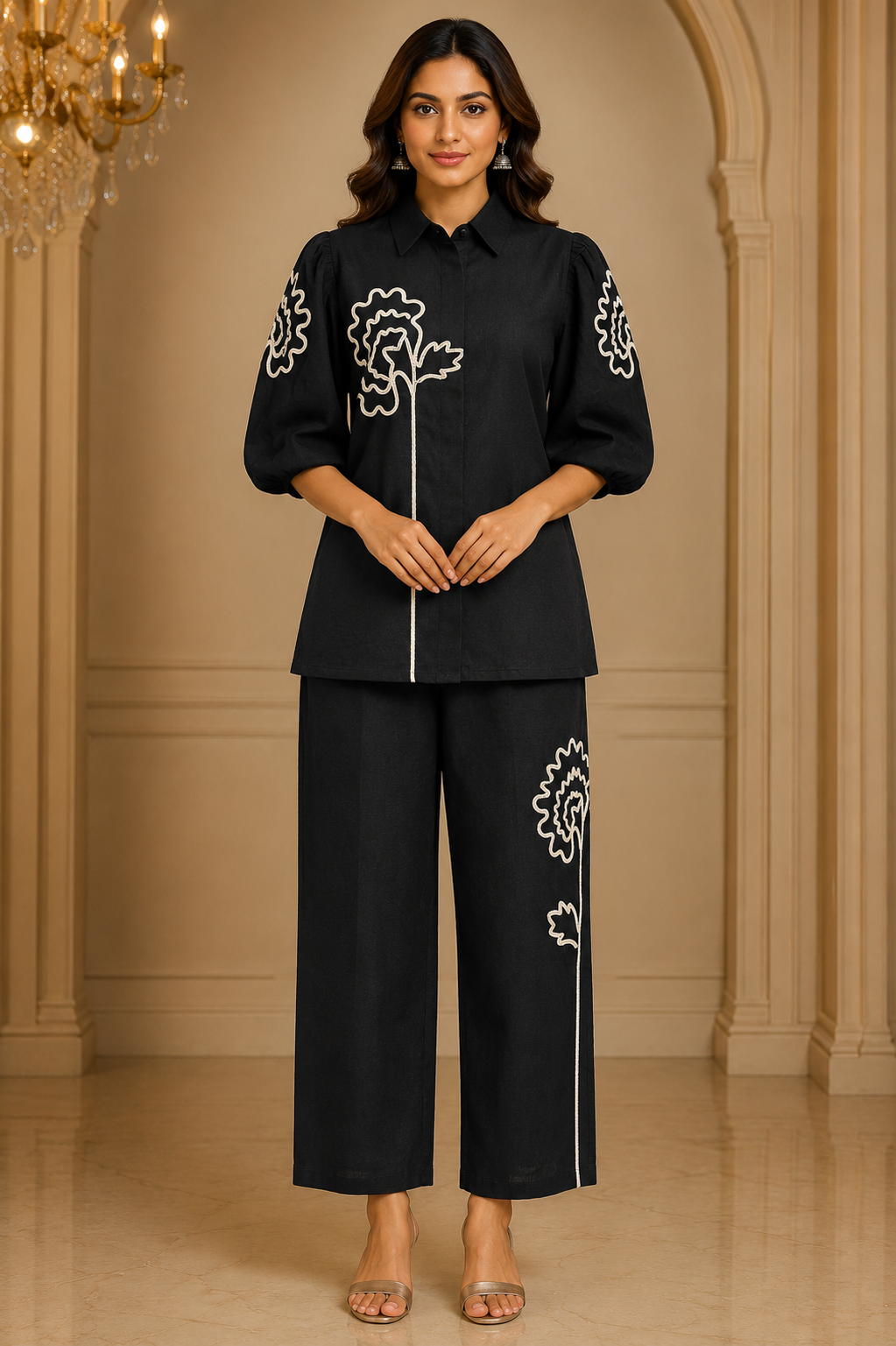 Black Slub Cotton Co-Ord Set with Puff Sleeves & Palazzo