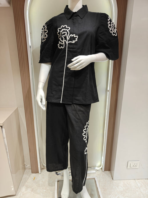 Black Slub Cotton Co-Ord Set with Puff Sleeves & Palazzo