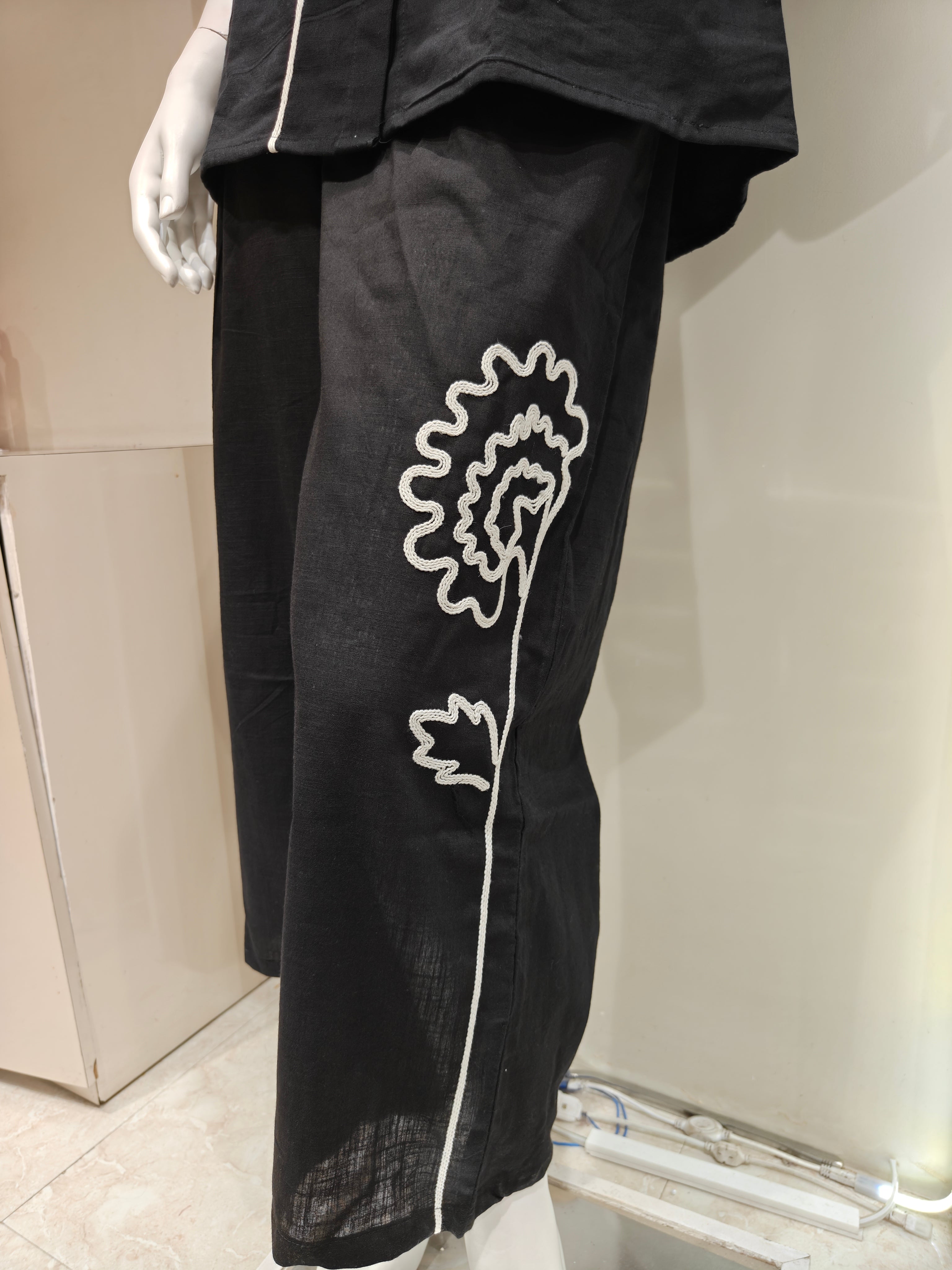 Black Slub Cotton Co-Ord Set with Puff Sleeves & Palazzo