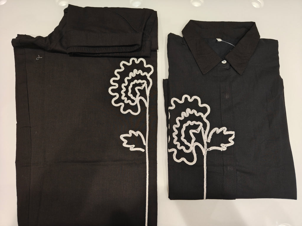 Black Slub Cotton Co-Ord Set with Puff Sleeves & Palazzo