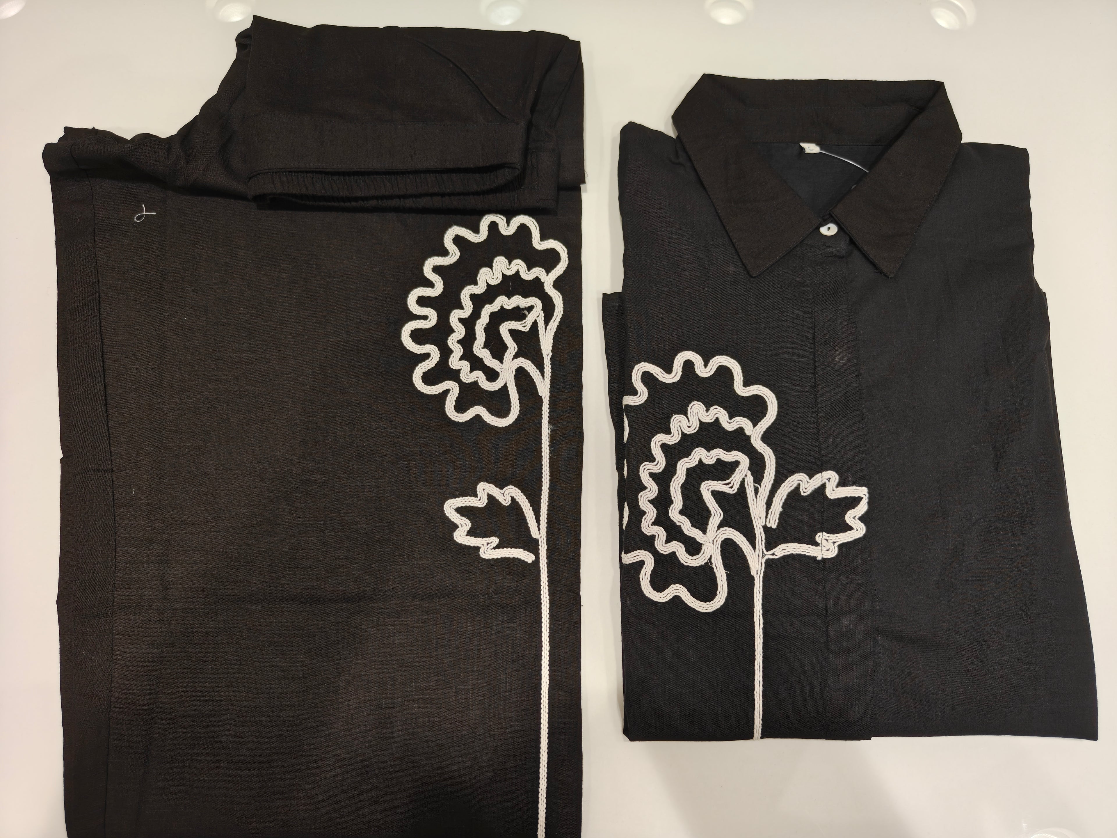 Black Slub Cotton Co-Ord Set with Puff Sleeves & Palazzo