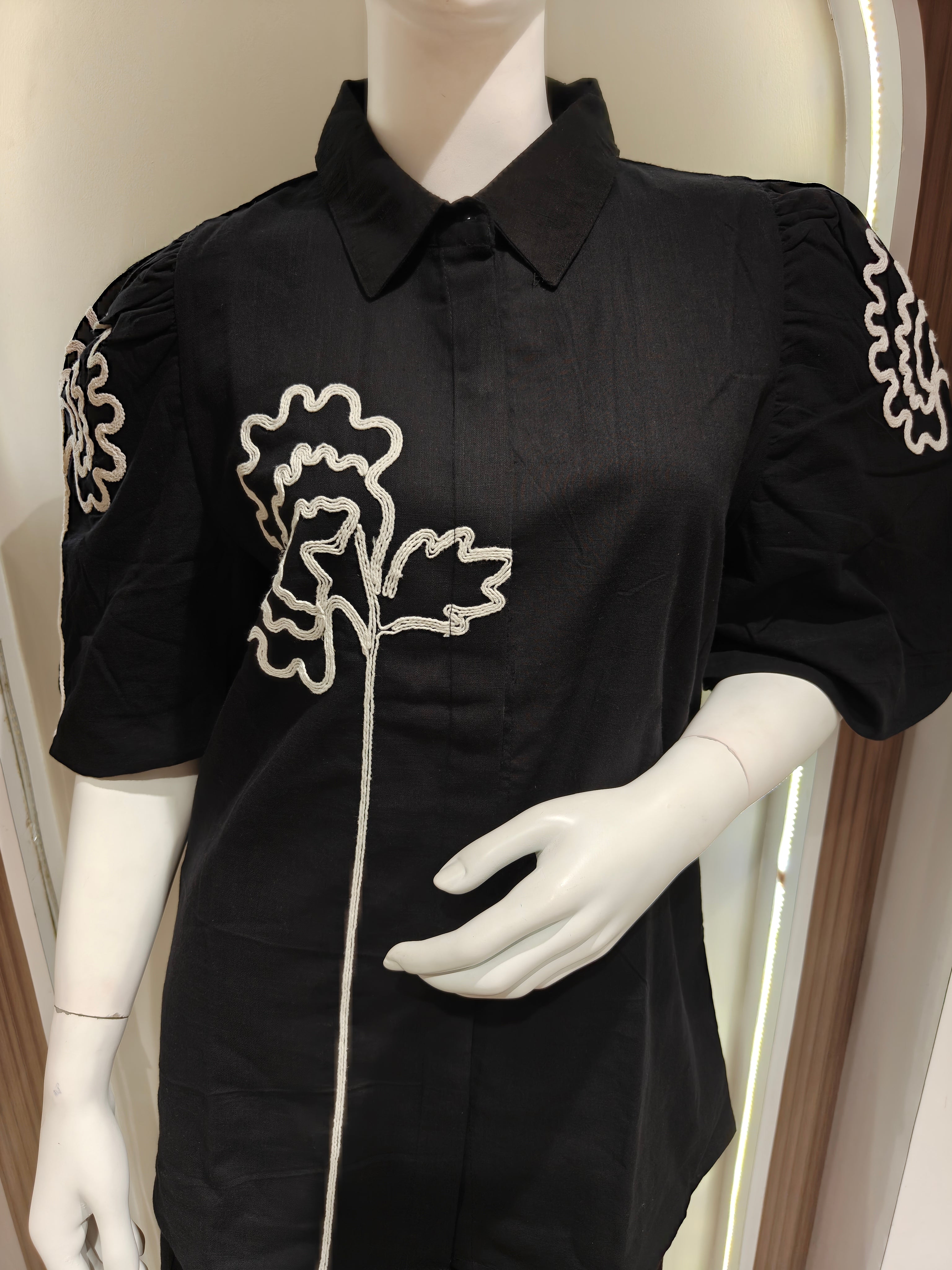 Black Slub Cotton Co-Ord Set with Puff Sleeves & Palazzo