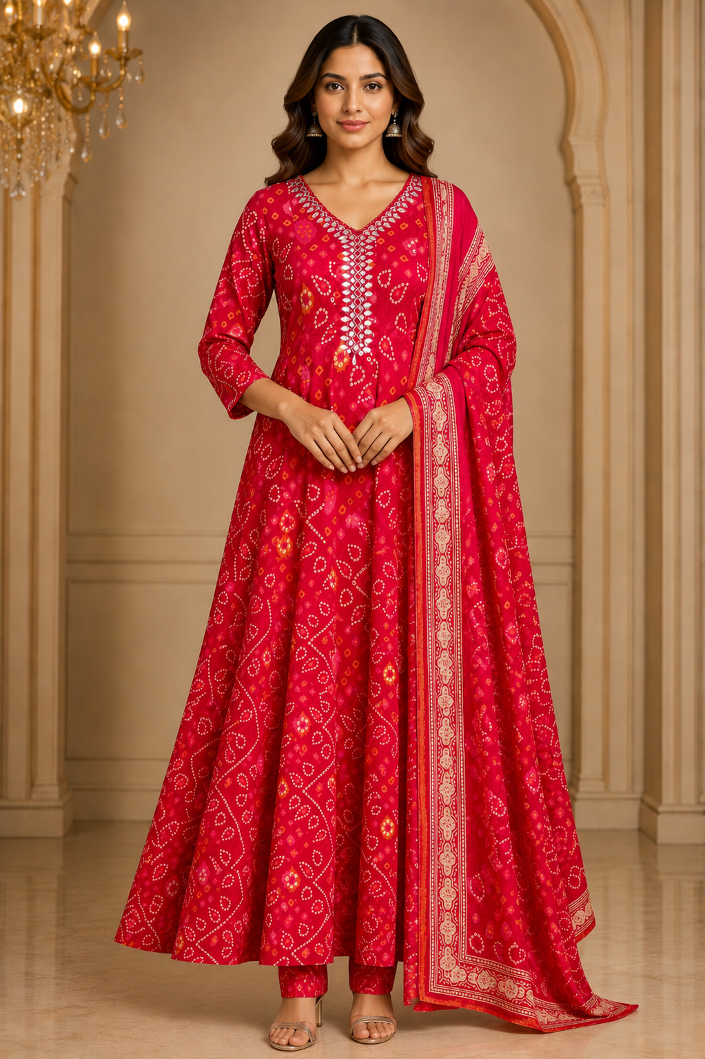 Crimson Bandhani Pure Cotton Anarkali Set