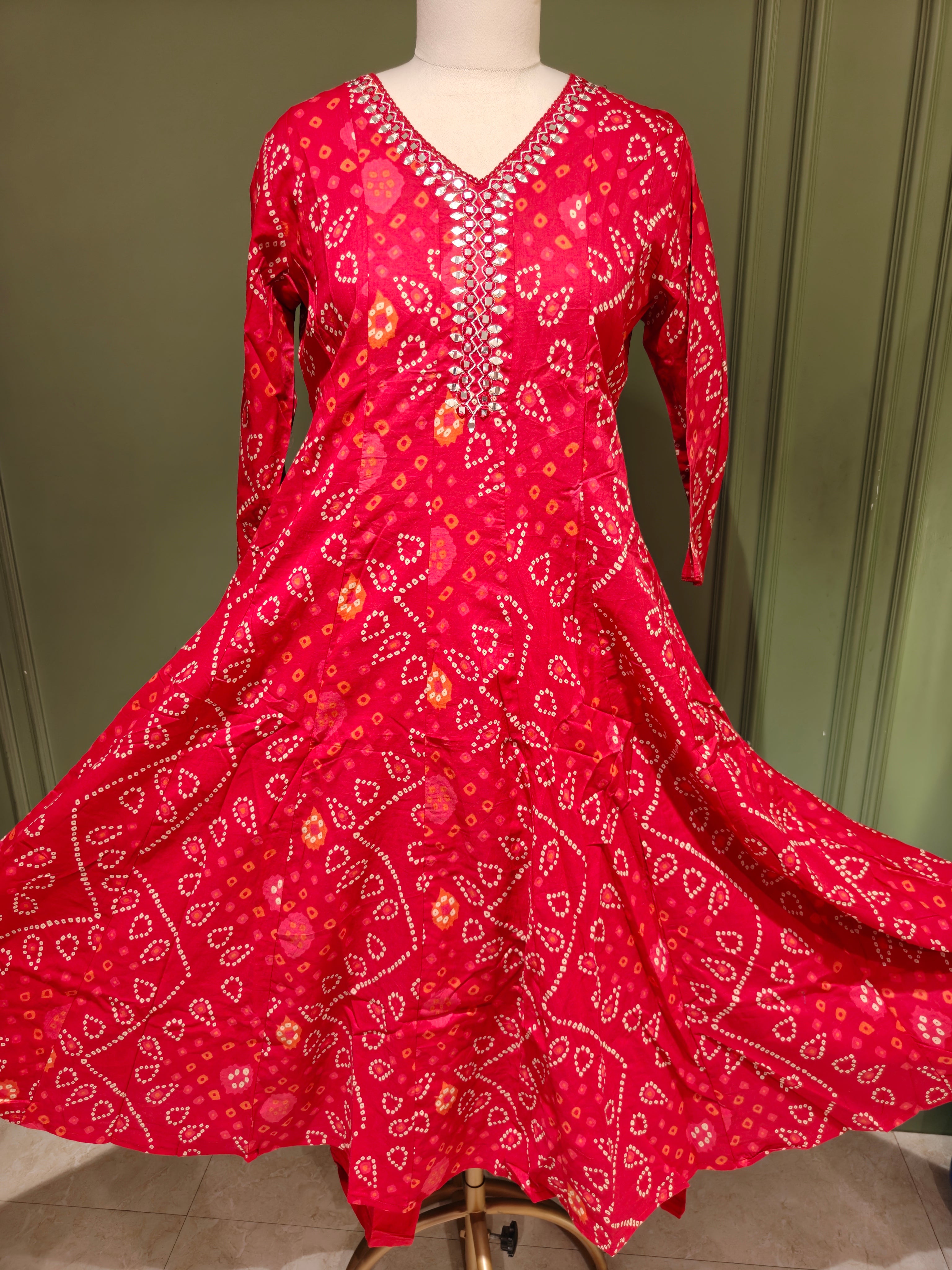 Crimson Bandhani Pure Cotton Anarkali Set