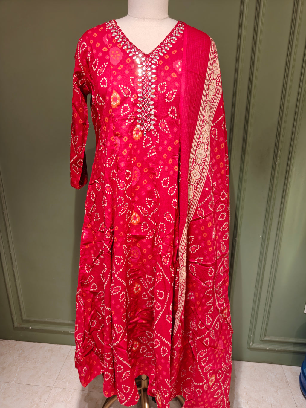 Crimson Bandhani Pure Cotton Anarkali Set
