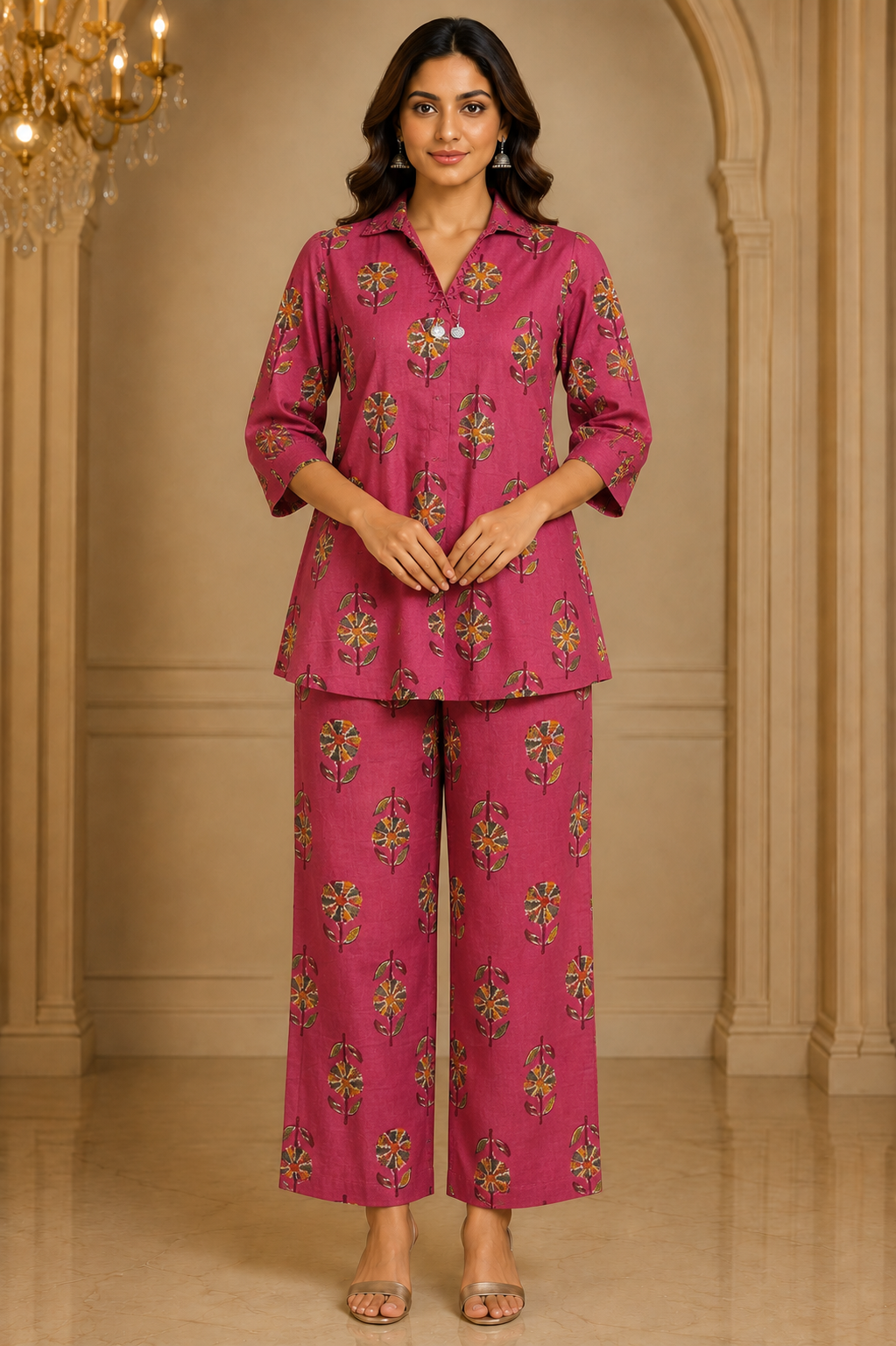Pink Pure Cotton Printed Co-Ord Set with Palazzo
