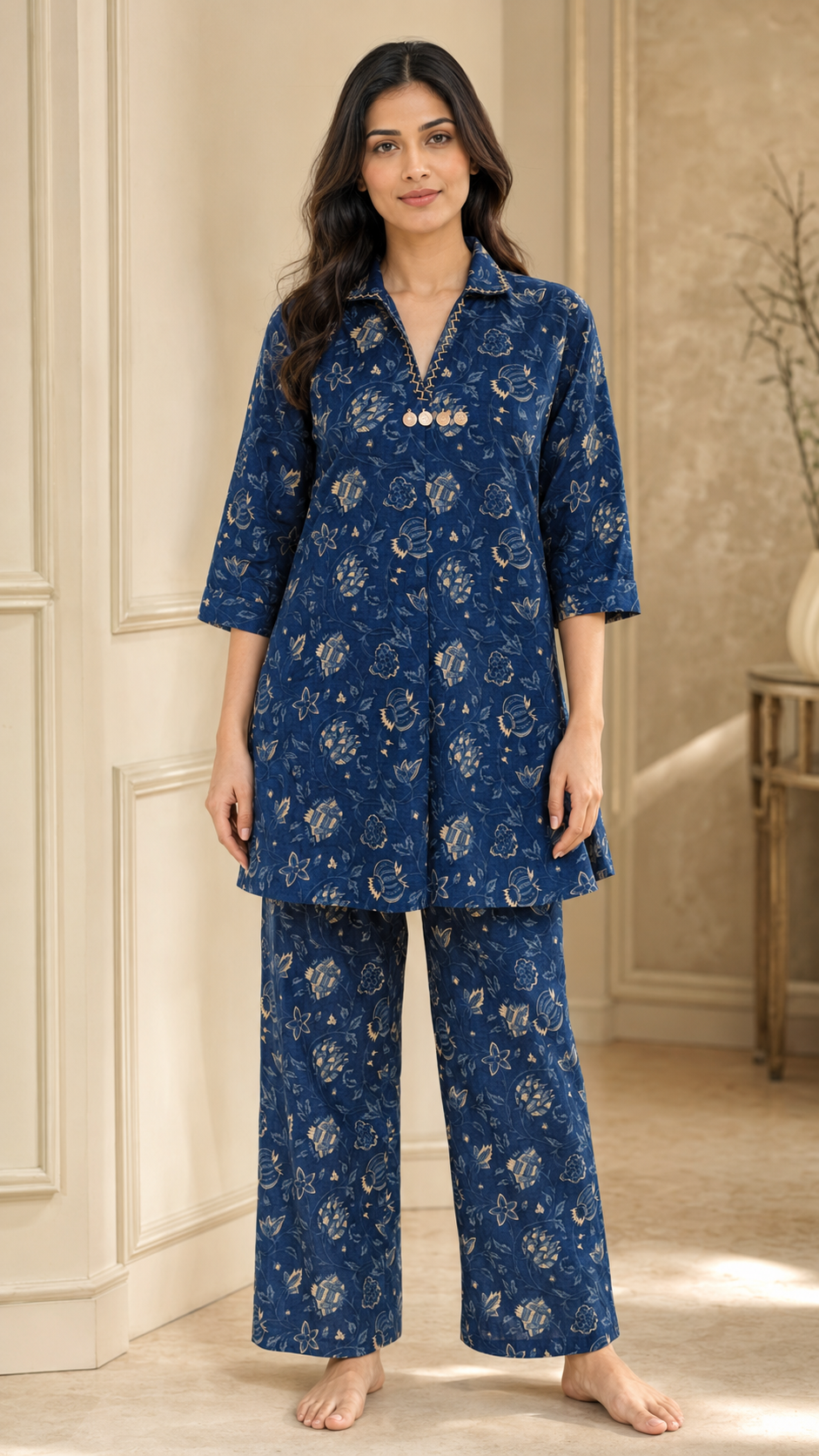 Deep Blue Printed Pure Cotton Co-Ord Set with Palazzo