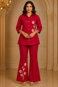 Red Pure Cotton Floral Co-Ord Set with Bell-Bottom Pants