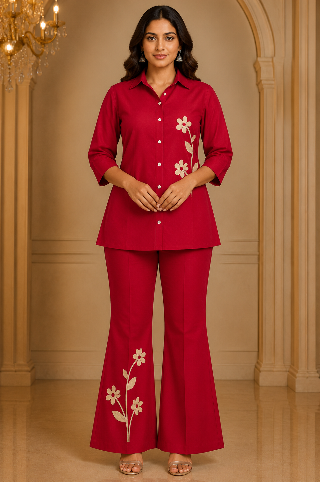 Red Pure Cotton Floral Co-Ord Set with Bell-Bottom Pants