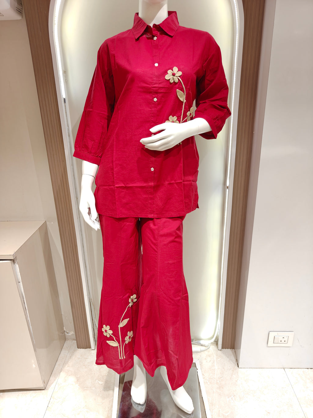 Red Pure Cotton Floral Co-Ord Set with Bell-Bottom Pants