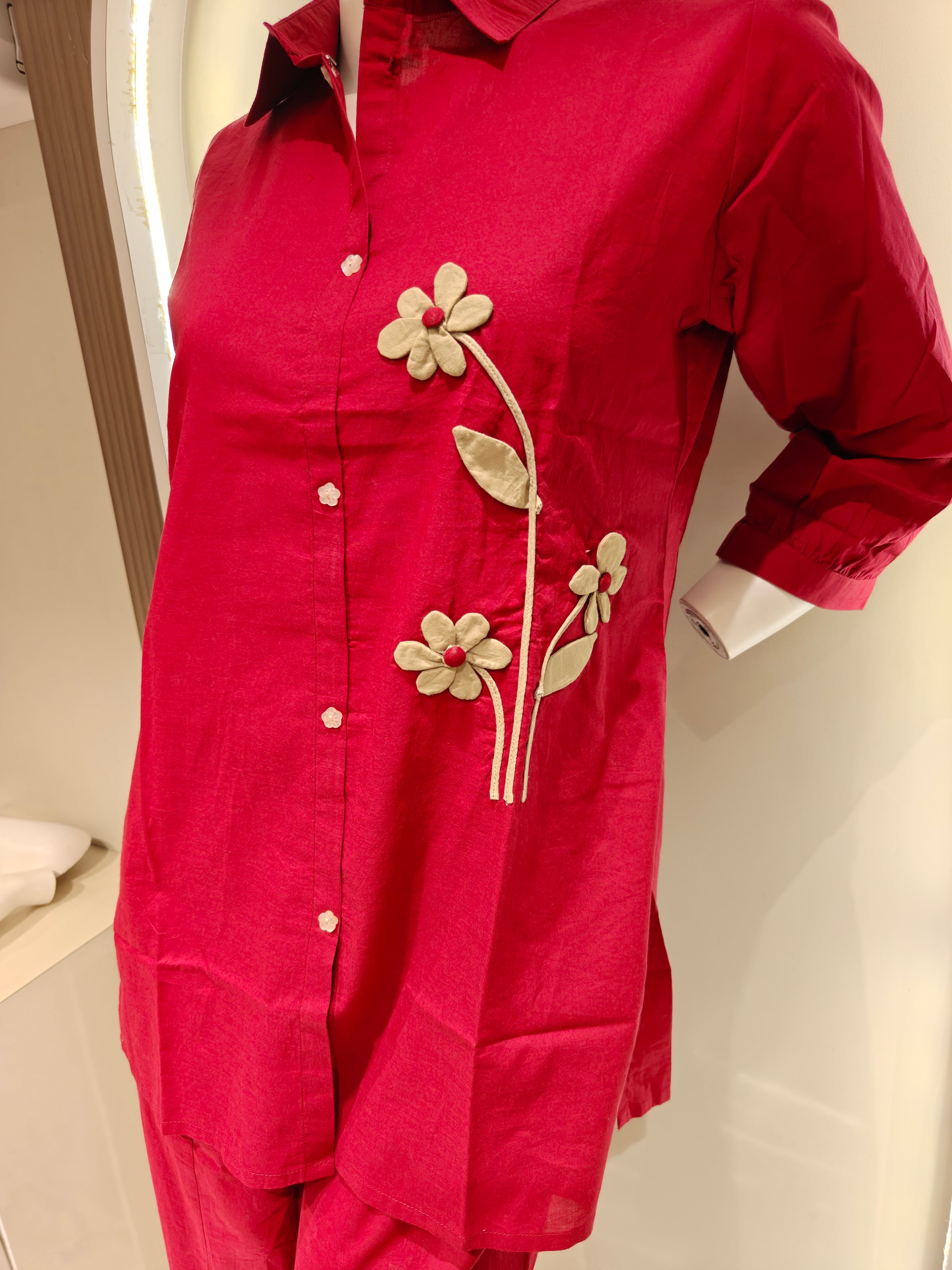 Red Pure Cotton Floral Co-Ord Set with Bell-Bottom Pants