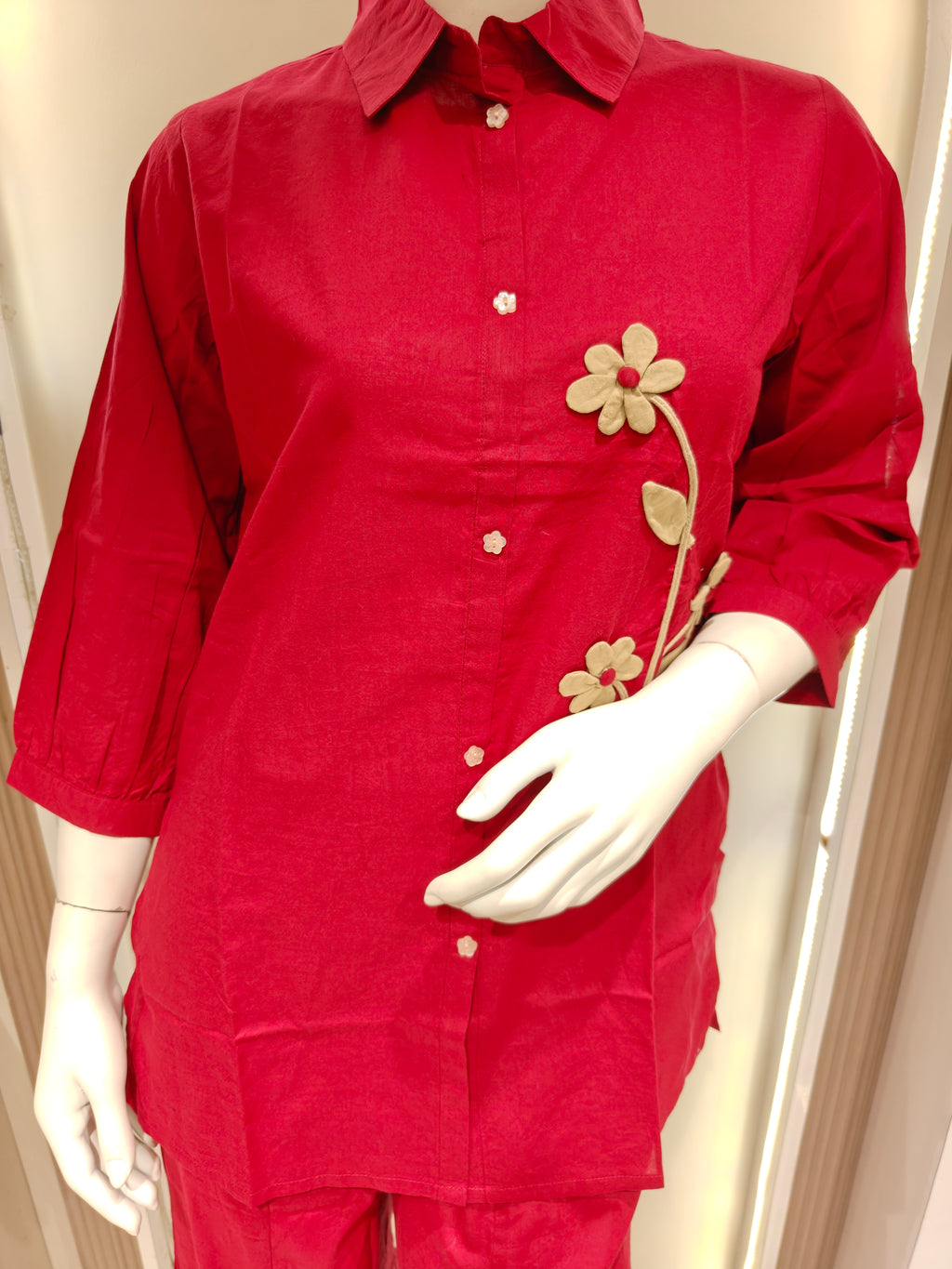Red Pure Cotton Floral Co-Ord Set with Bell-Bottom Pants