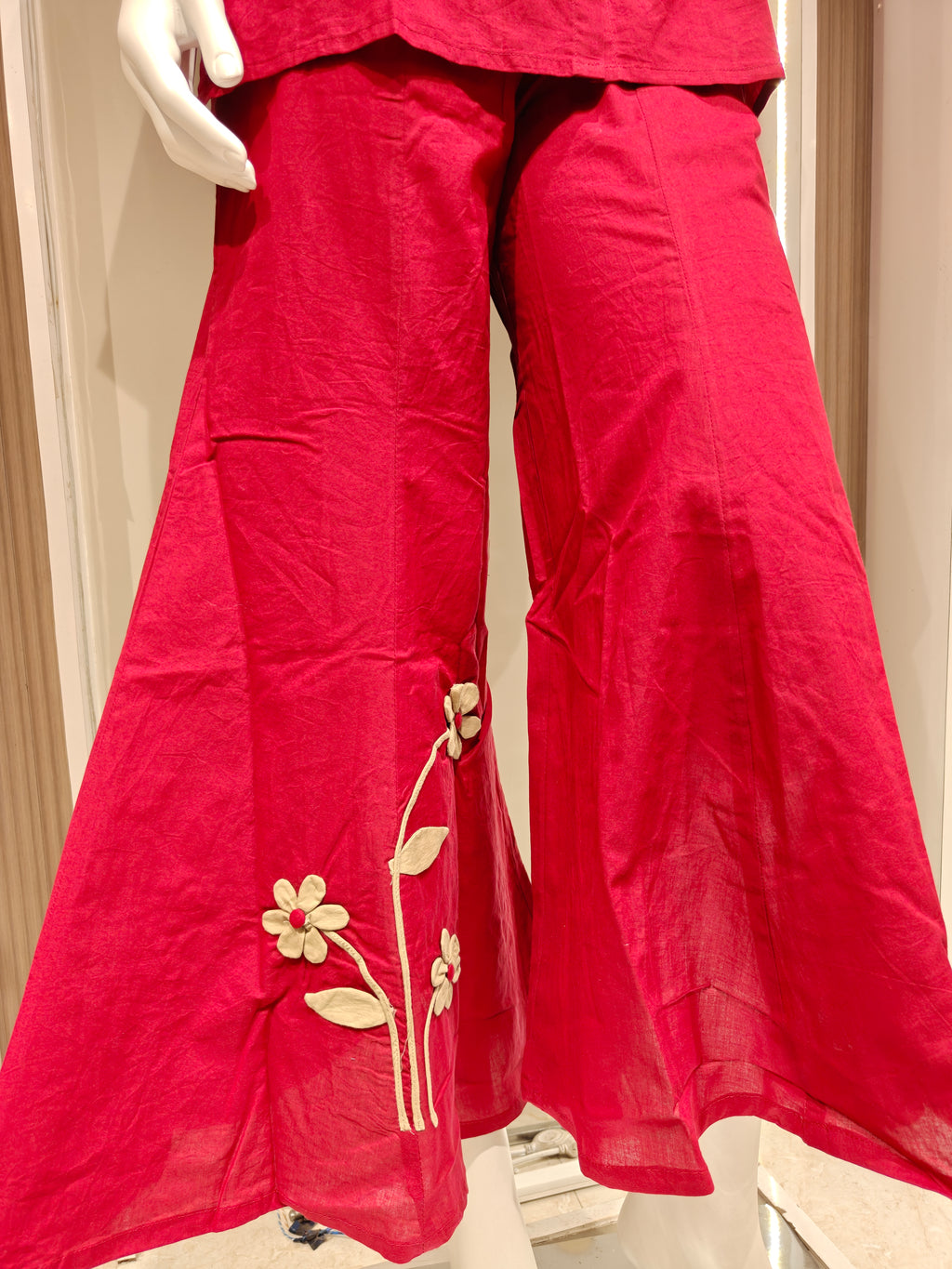 Red Pure Cotton Floral Co-Ord Set with Bell-Bottom Pants