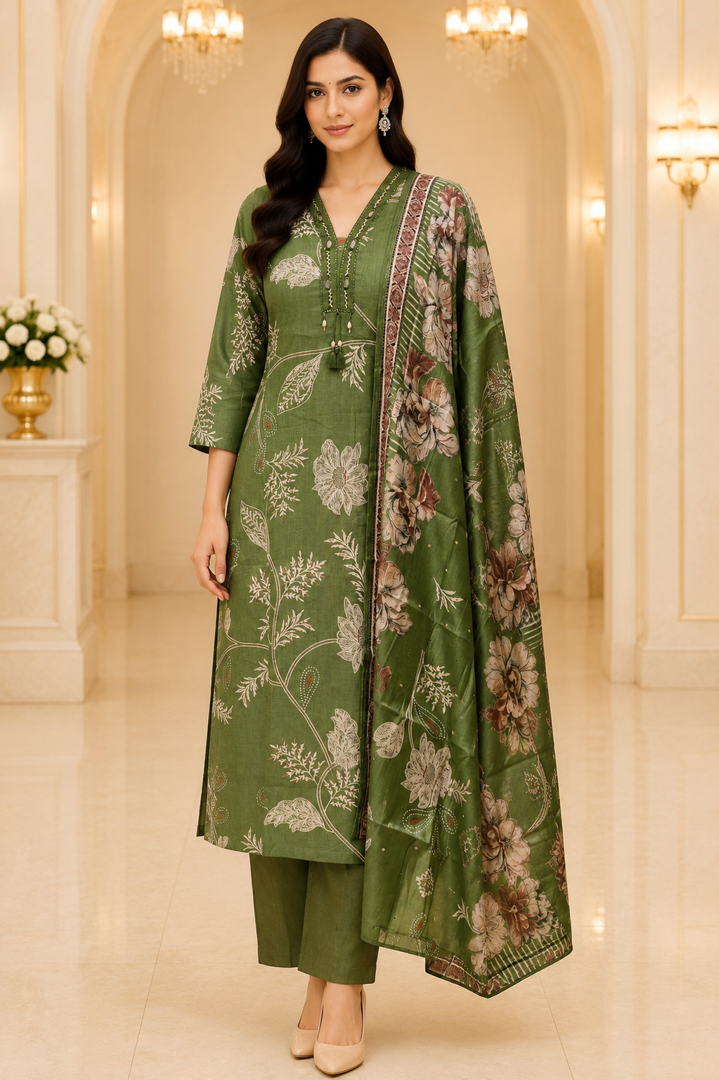 Green Vatican Silk Printed Salwar Suit with Dupatta