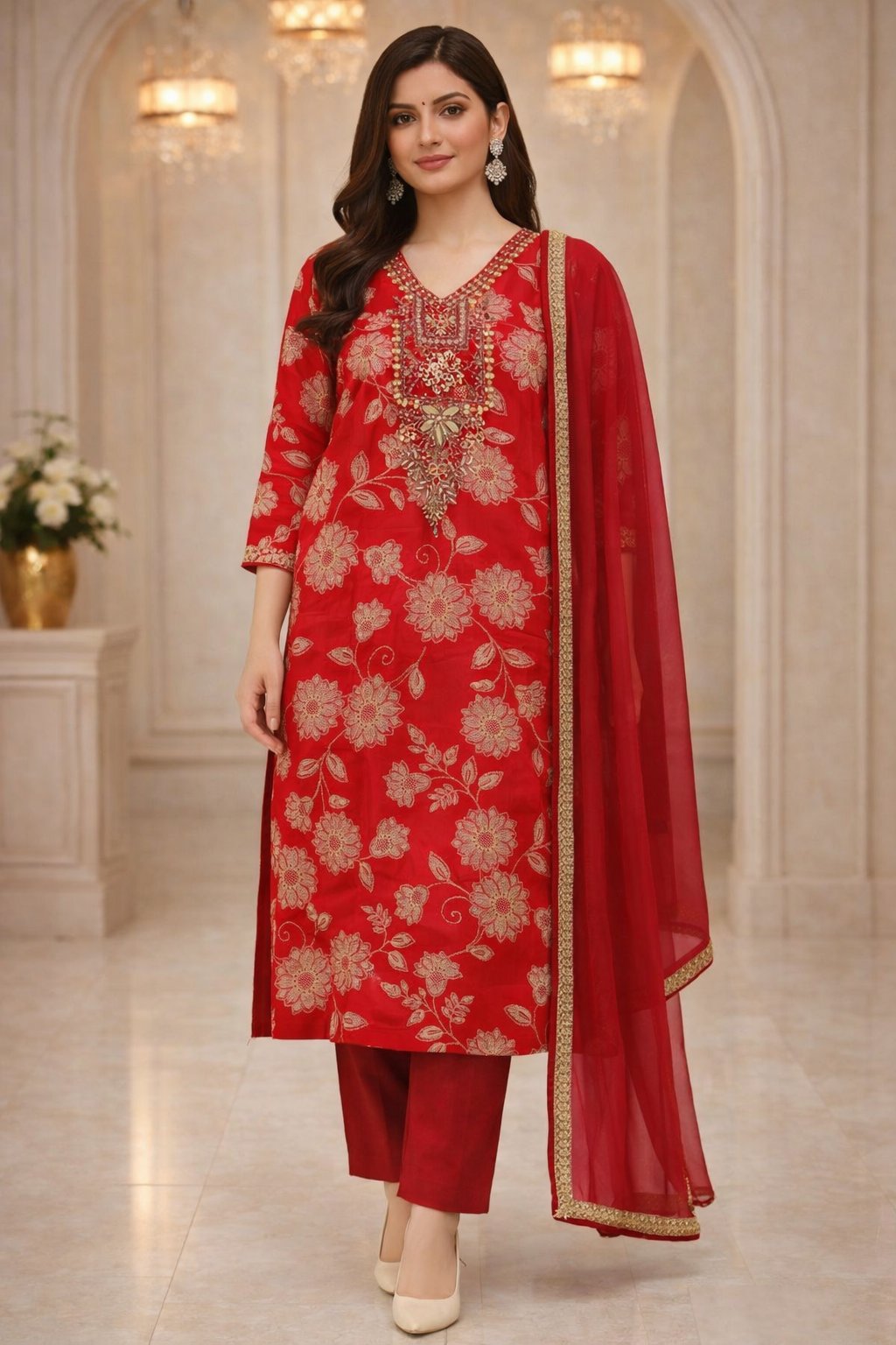 Red Chinon Embroidered Kurta Set with Dupatta