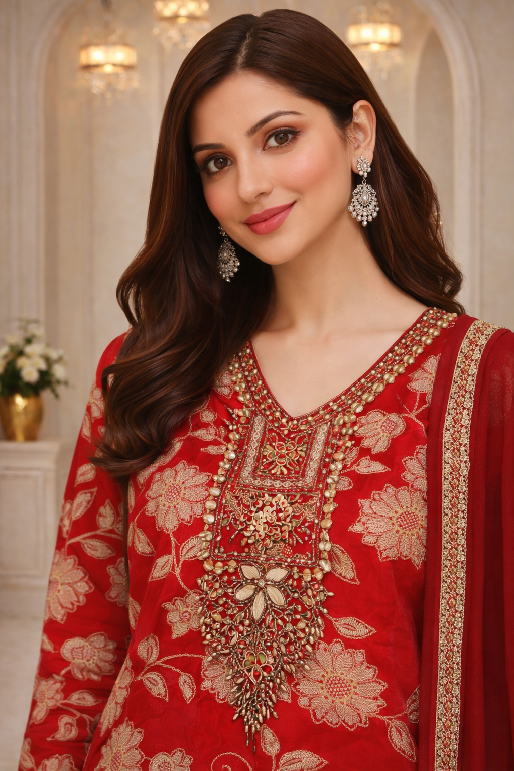 Red Chinon Embroidered Kurta Set with Dupatta