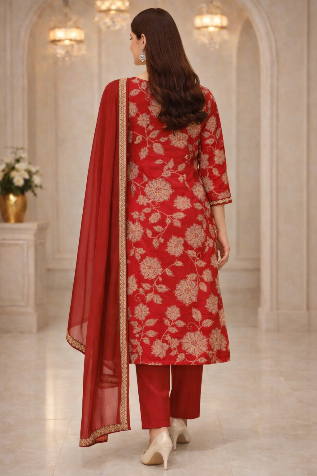 Red Chinon Embroidered Kurta Set with Dupatta