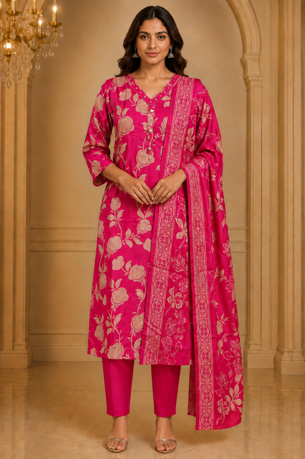 Pink Floral Vatican Kurta Pant Dupatta Set