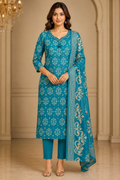 Teal Printed Vatican Kurta Pant Dupatta Set
