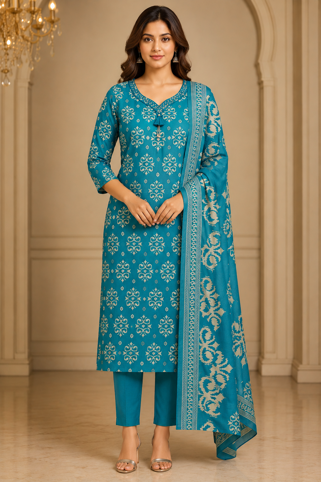 Teal Printed Vatican Kurta Pant Dupatta Set