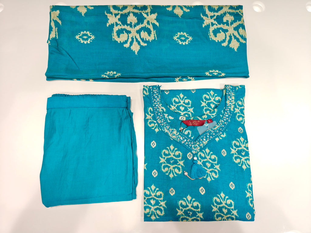 Teal Printed Vatican Kurta Pant Dupatta Set