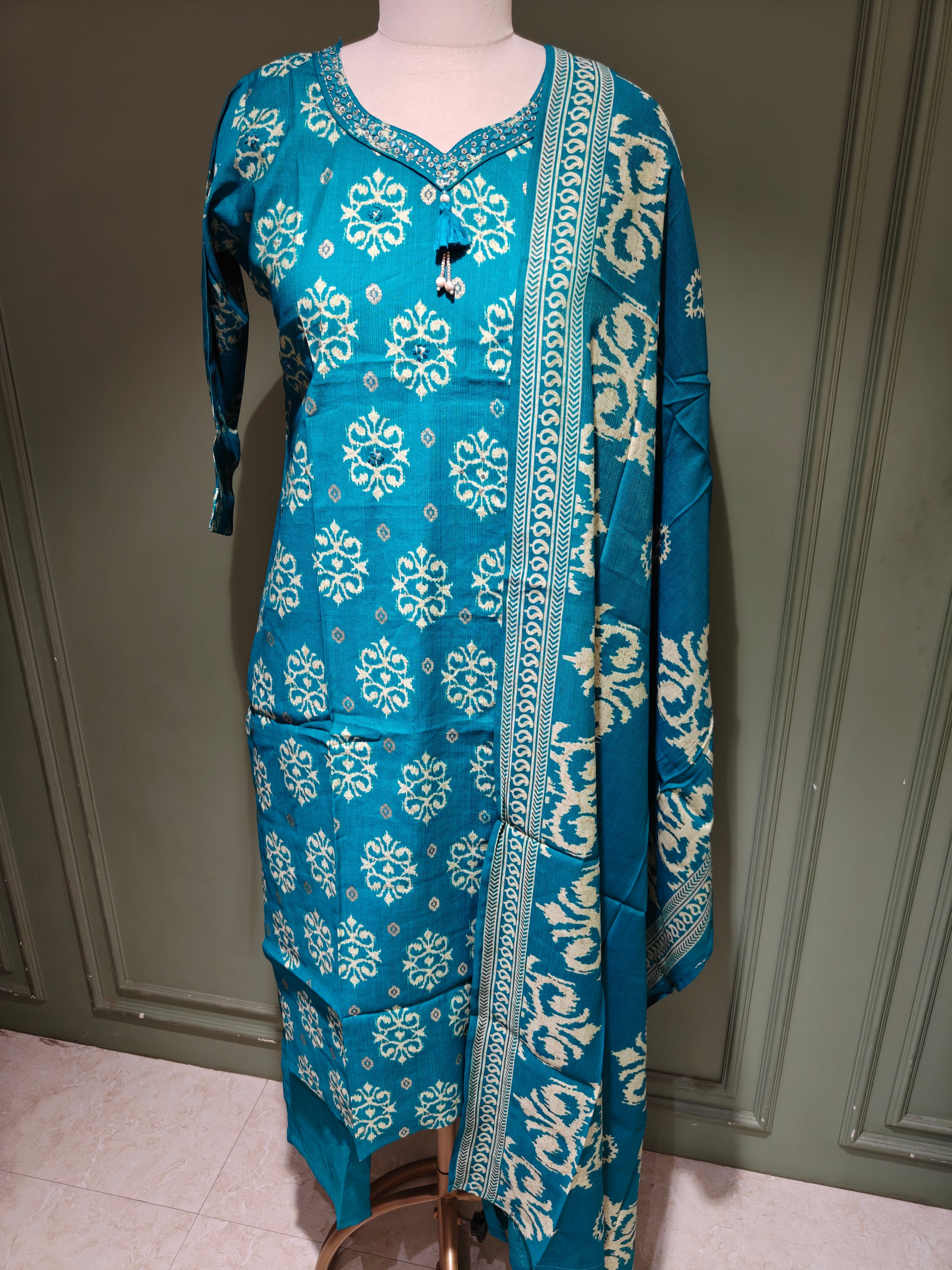Teal Printed Vatican Kurta Pant Dupatta Set