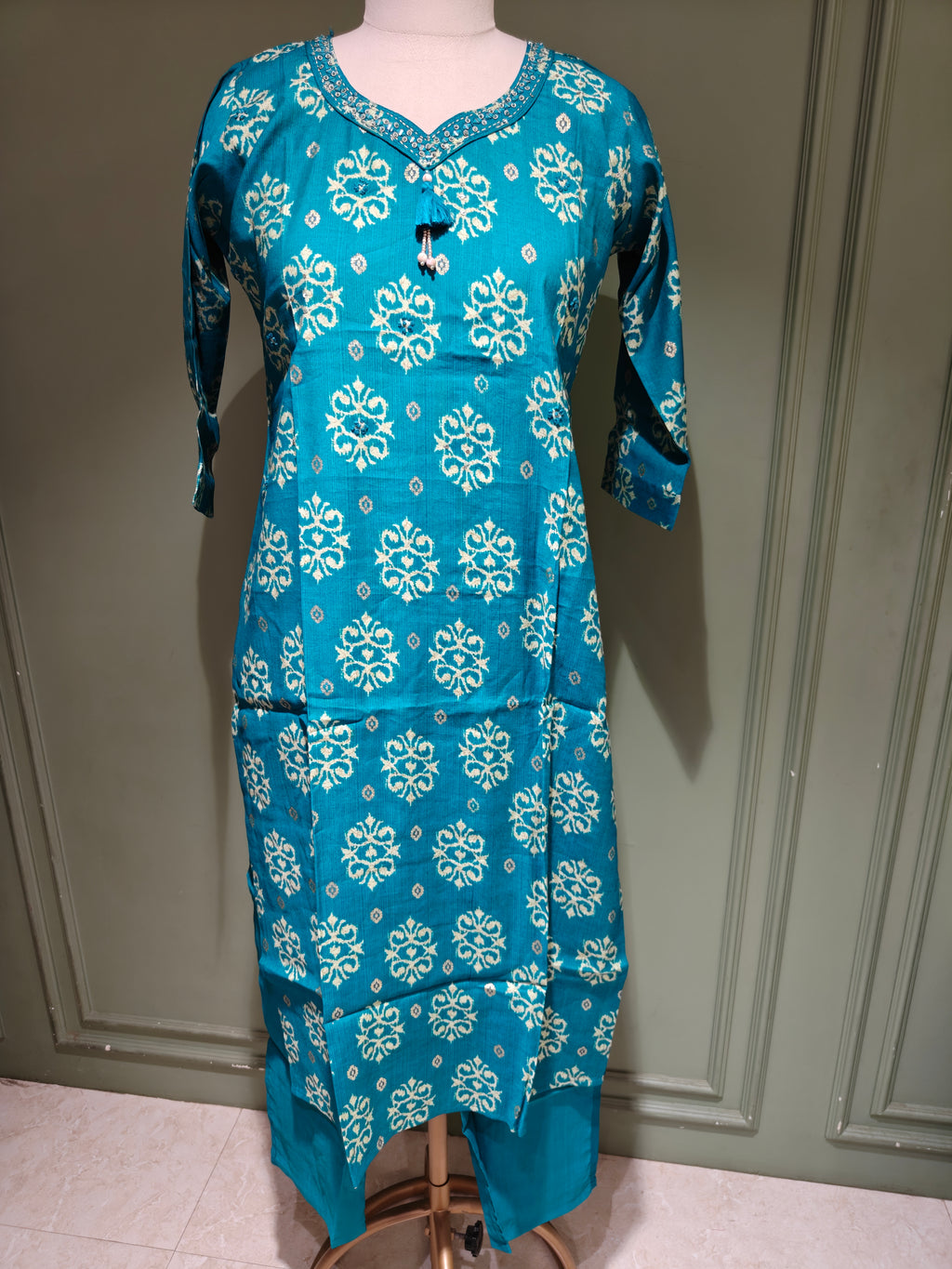 Teal Printed Vatican Kurta Pant Dupatta Set