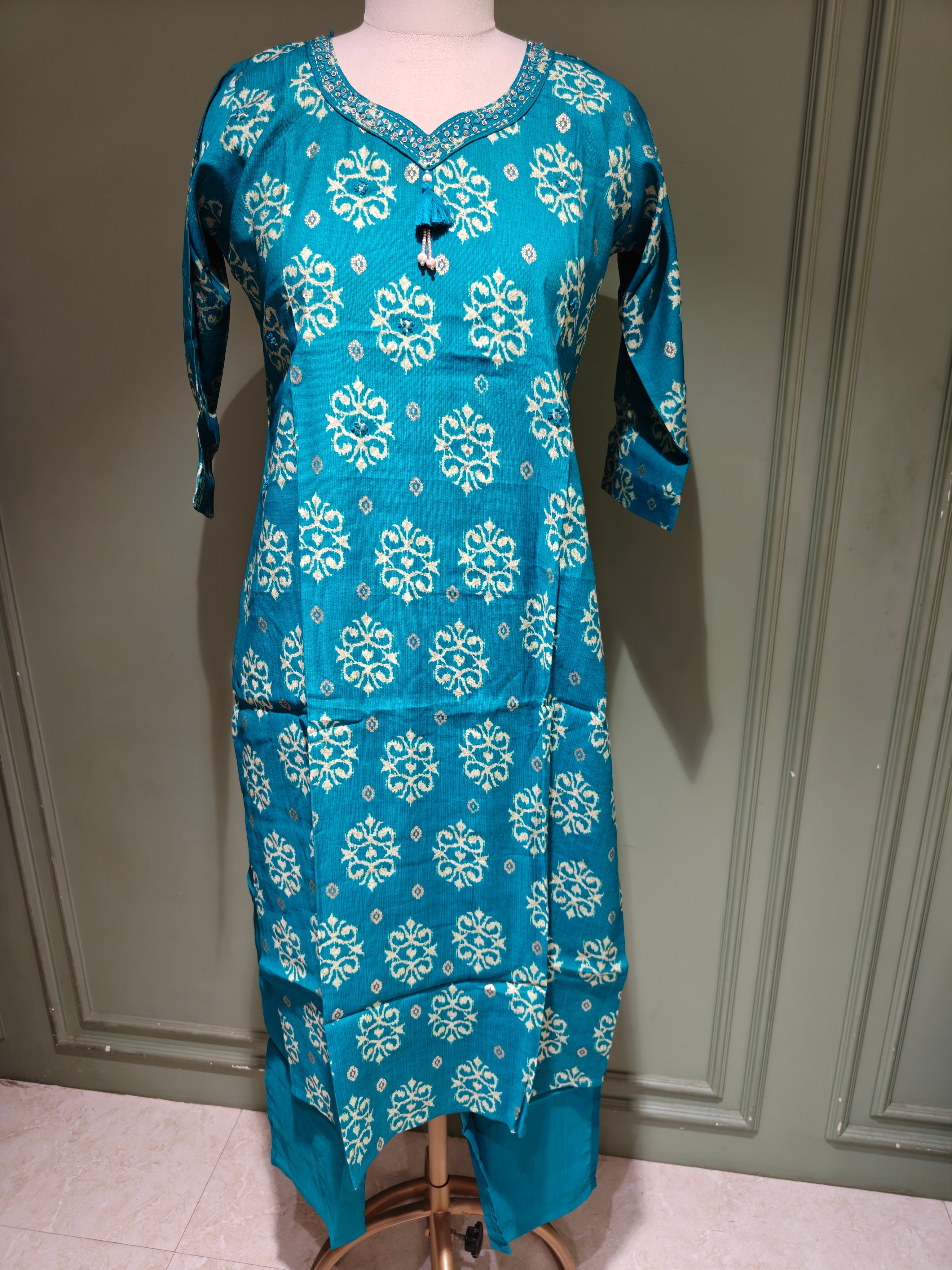 Teal Printed Vatican Kurta Pant Dupatta Set