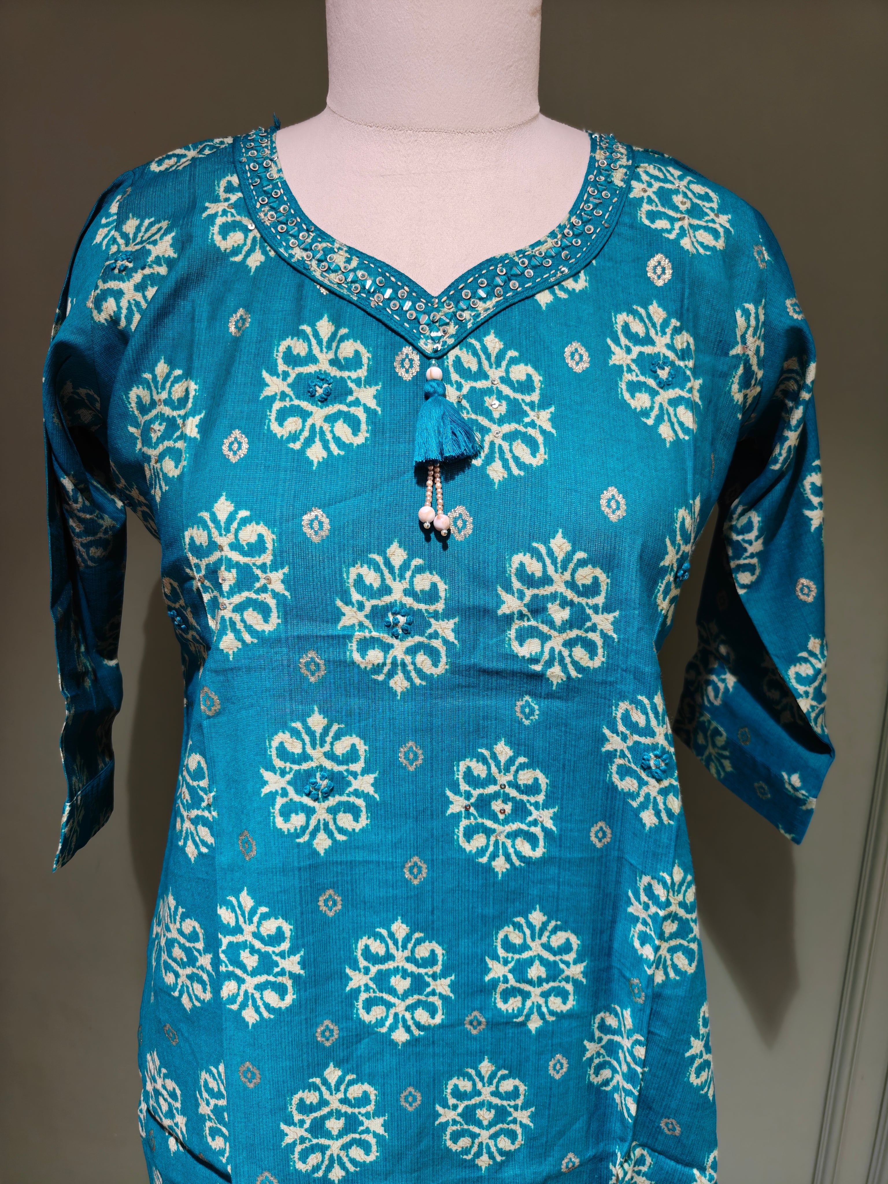 Teal Printed Vatican Kurta Pant Dupatta Set