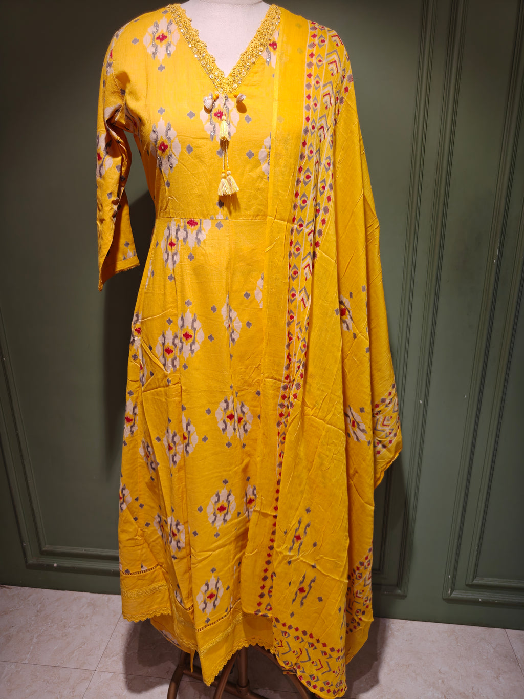 Yellow Printed Pure Cotton Anarkali Set with Dupatta