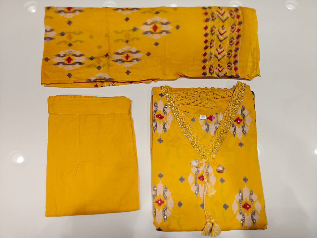 Yellow Printed Pure Cotton Anarkali Set with Dupatta