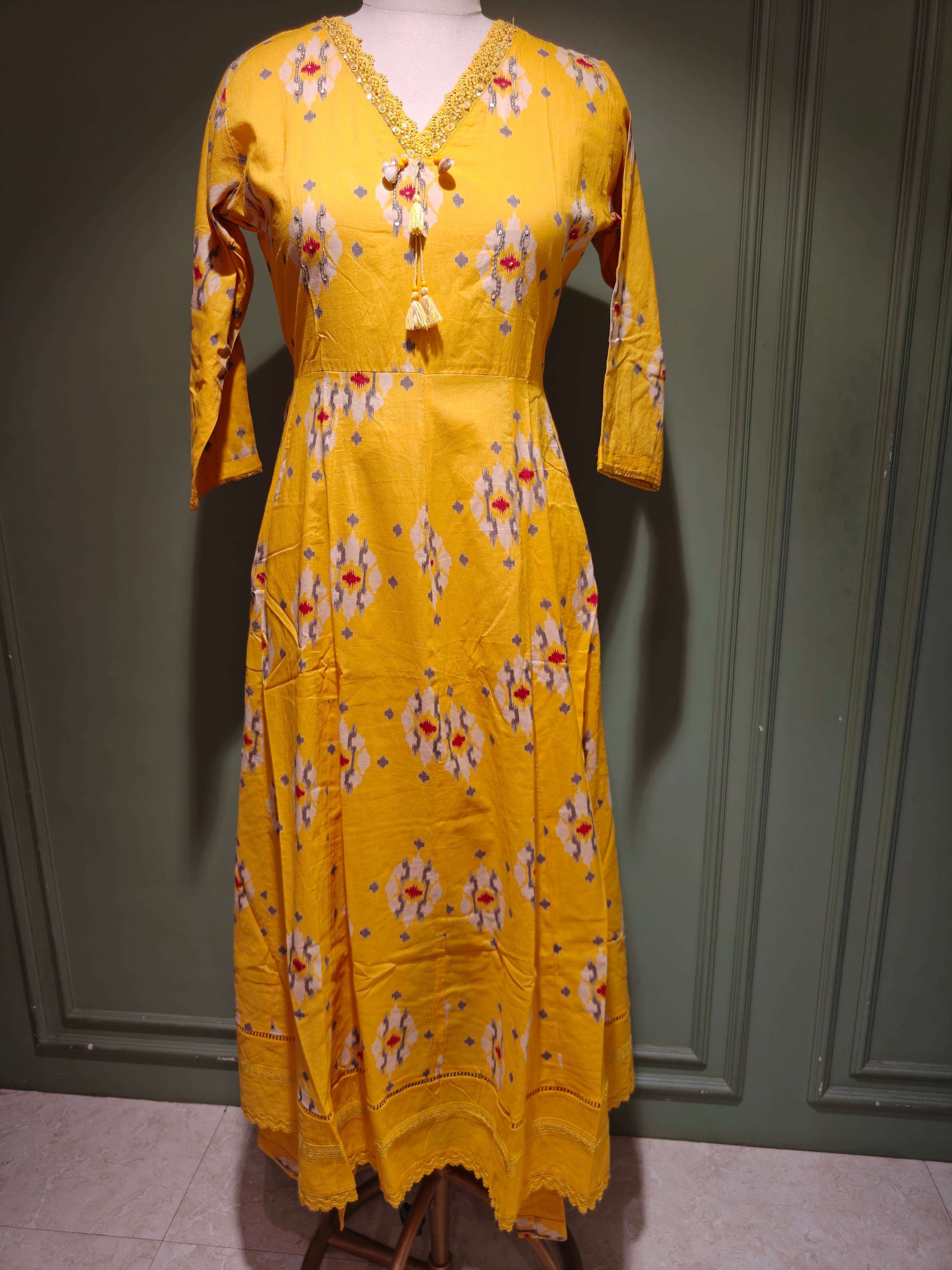 Yellow Printed Pure Cotton Anarkali Set with Dupatta