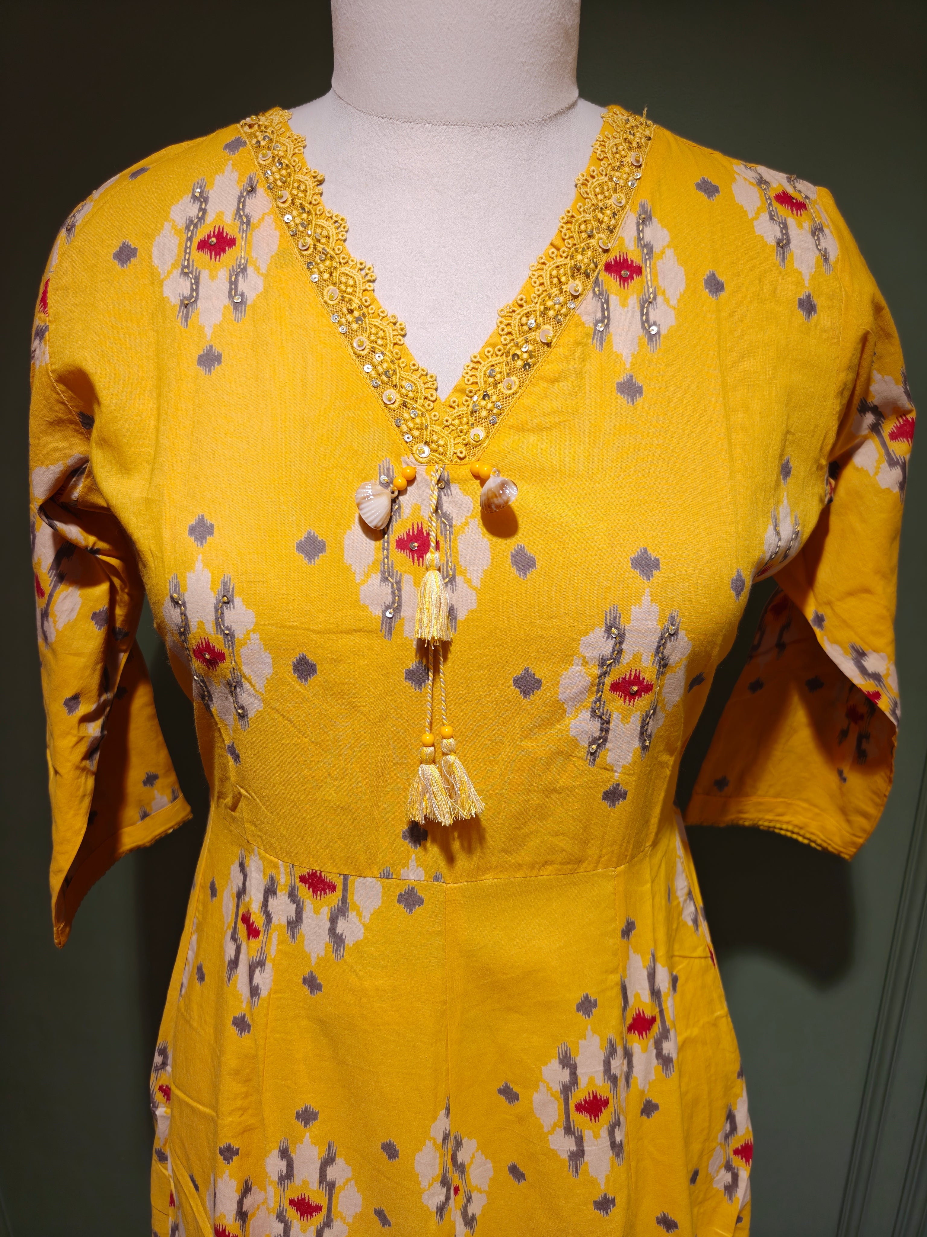 Yellow Printed Pure Cotton Anarkali Set with Dupatta