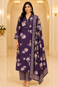 Purple Floral Printed Pure Cotton Suit Set with Dupatta