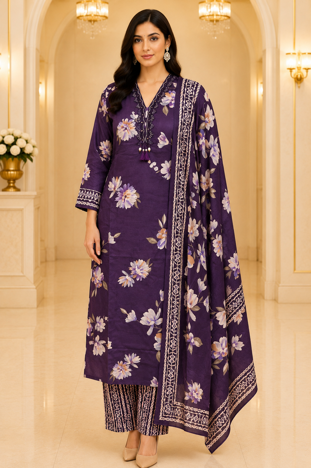 Purple Floral Printed Pure Cotton Suit Set with Dupatta