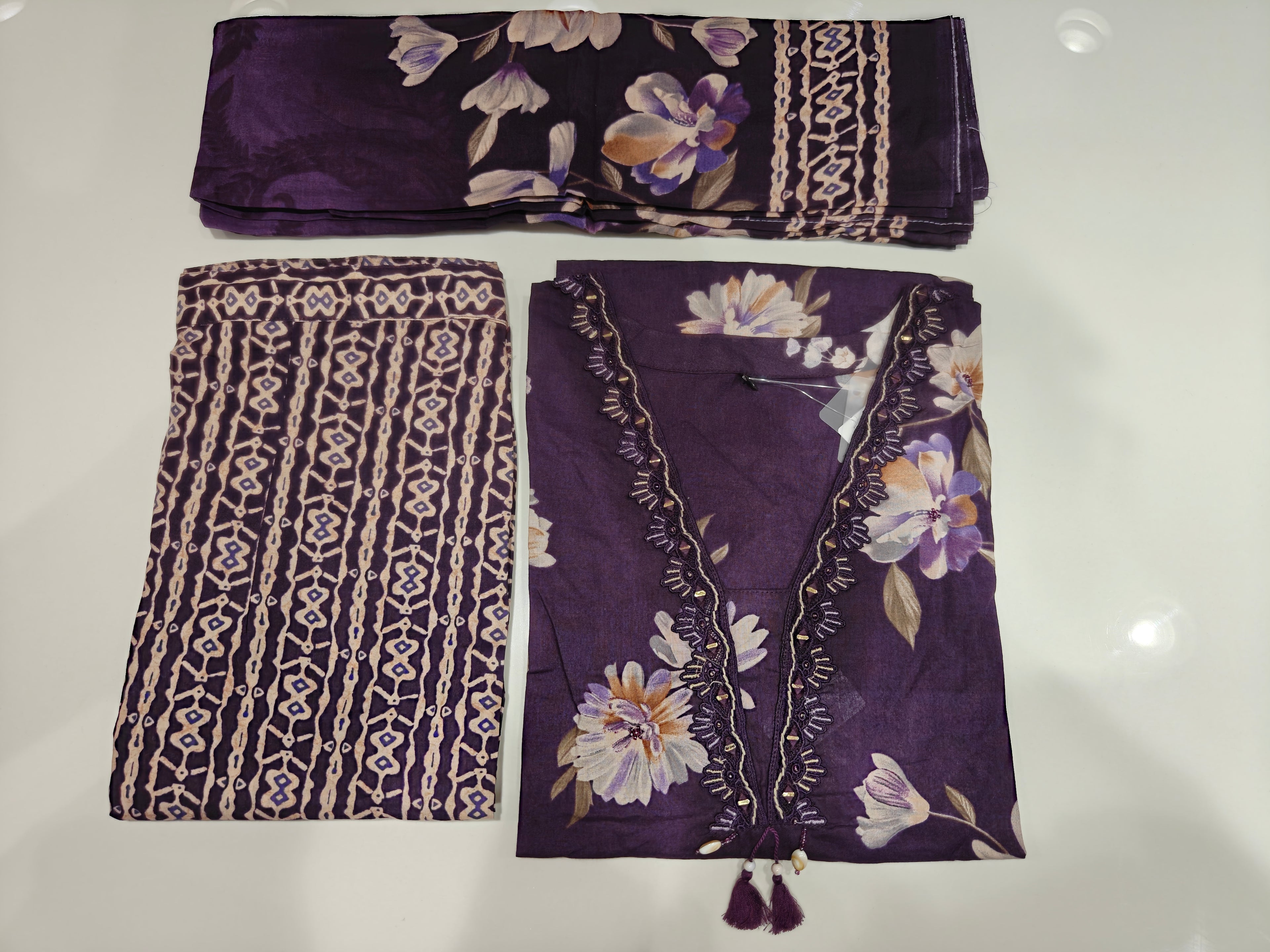 Purple Floral Printed Pure Cotton Suit Set with Dupatta