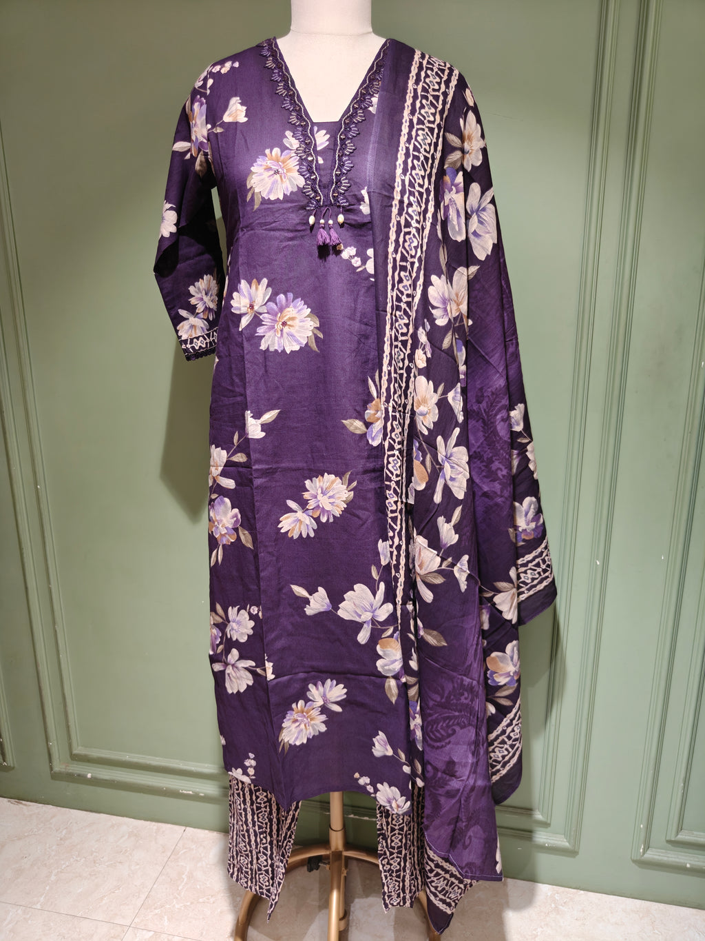 Purple Floral Printed Pure Cotton Suit Set with Dupatta
