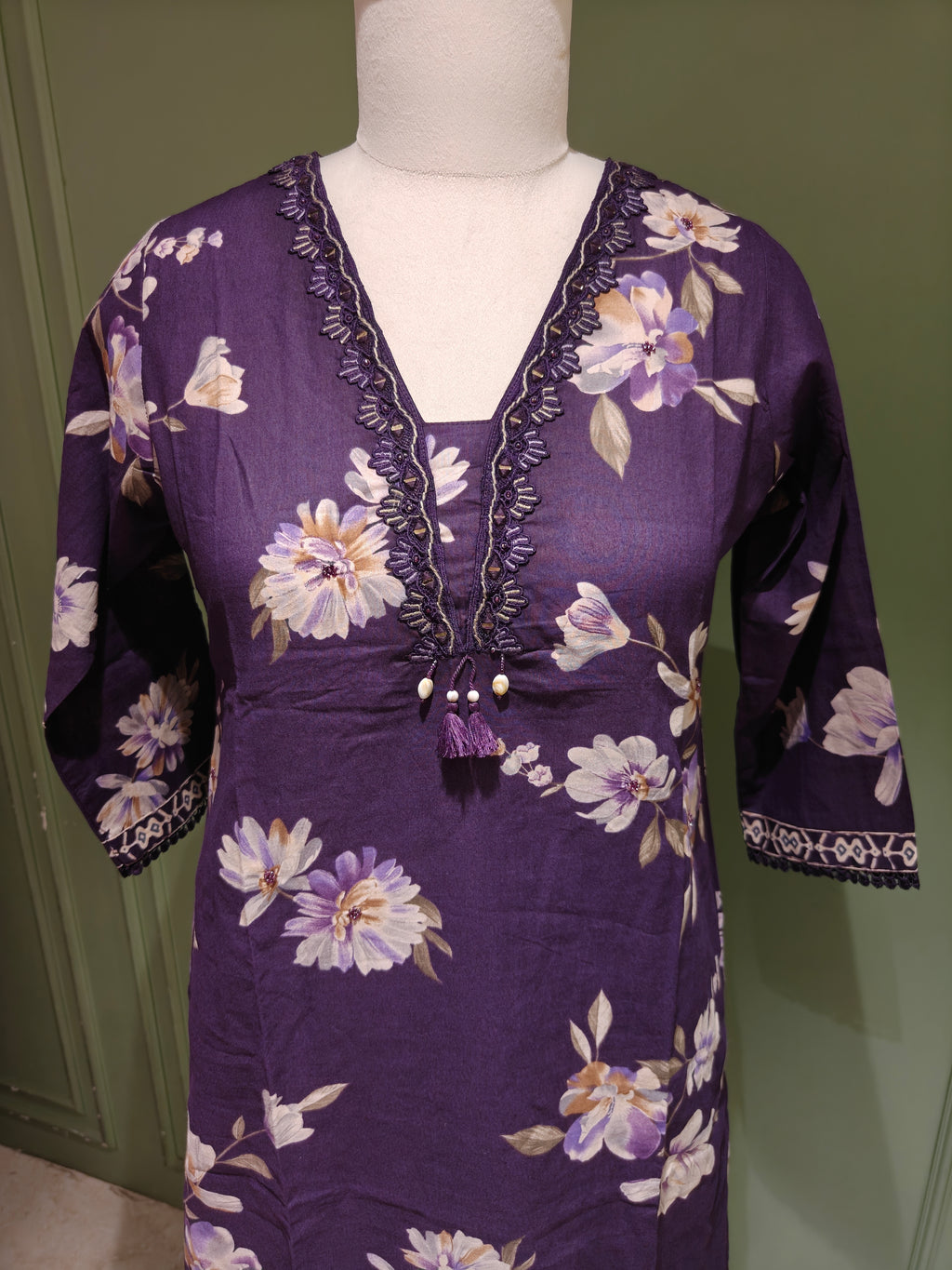 Purple Floral Printed Pure Cotton Suit Set with Dupatta