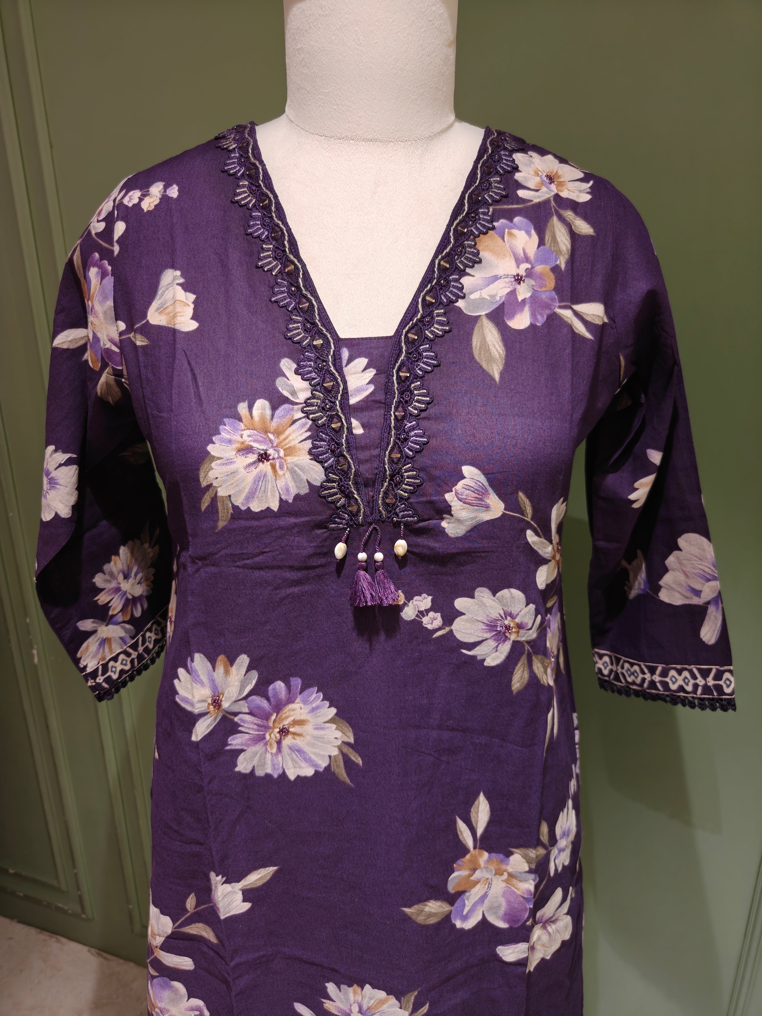 Purple Floral Printed Pure Cotton Suit Set with Dupatta