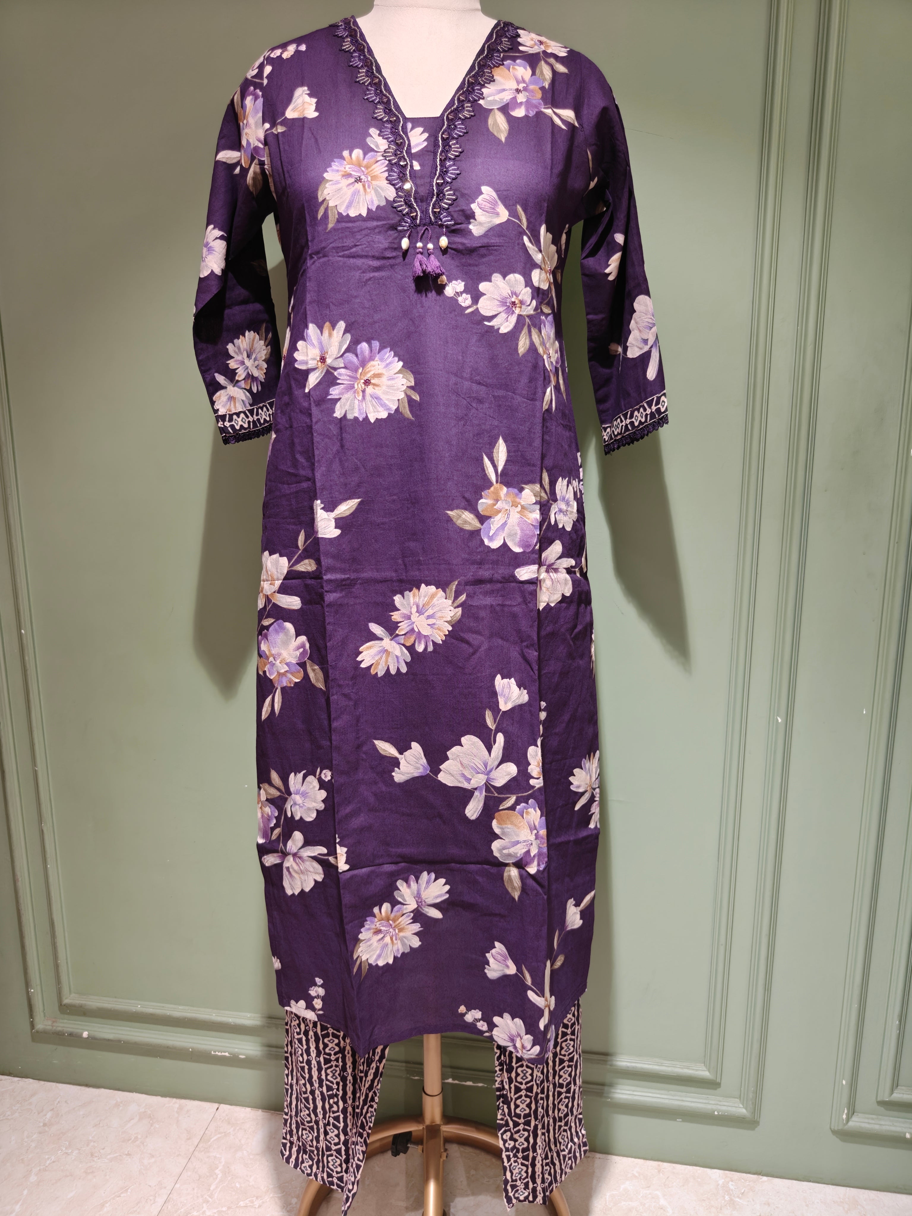 Purple Floral Printed Pure Cotton Suit Set with Dupatta