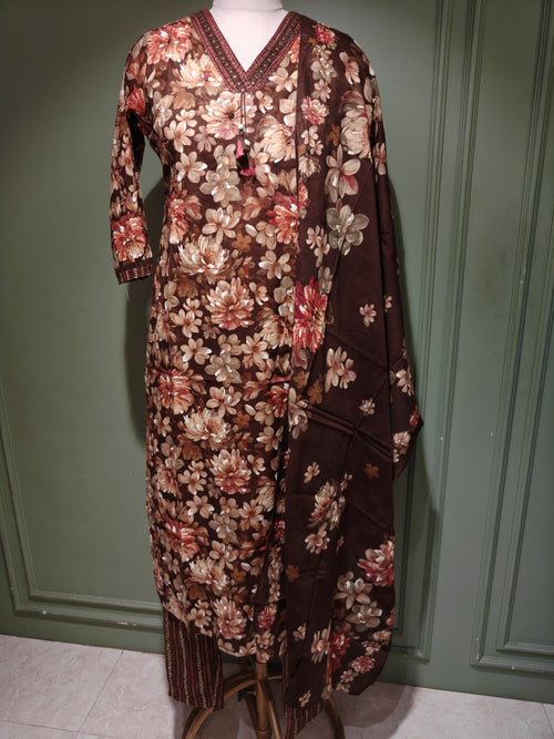 Brown Floral Print Pure Cotton Salwar Suit with Dupatta