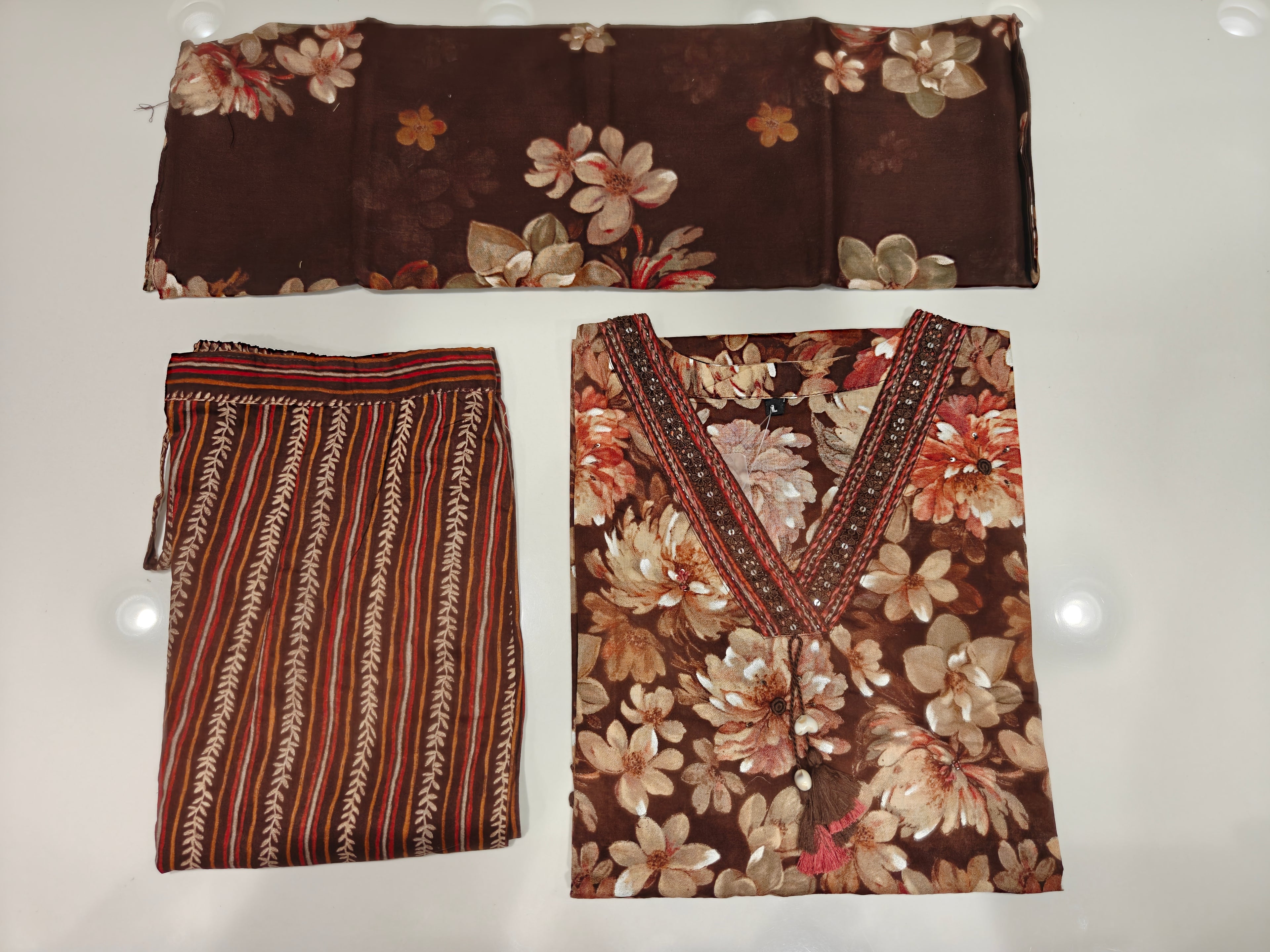 Brown Floral Print Pure Cotton Salwar Suit with Dupatta