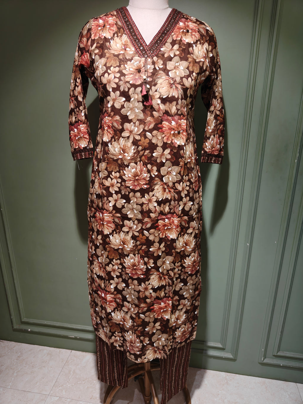 Brown Floral Print Pure Cotton Salwar Suit with Dupatta