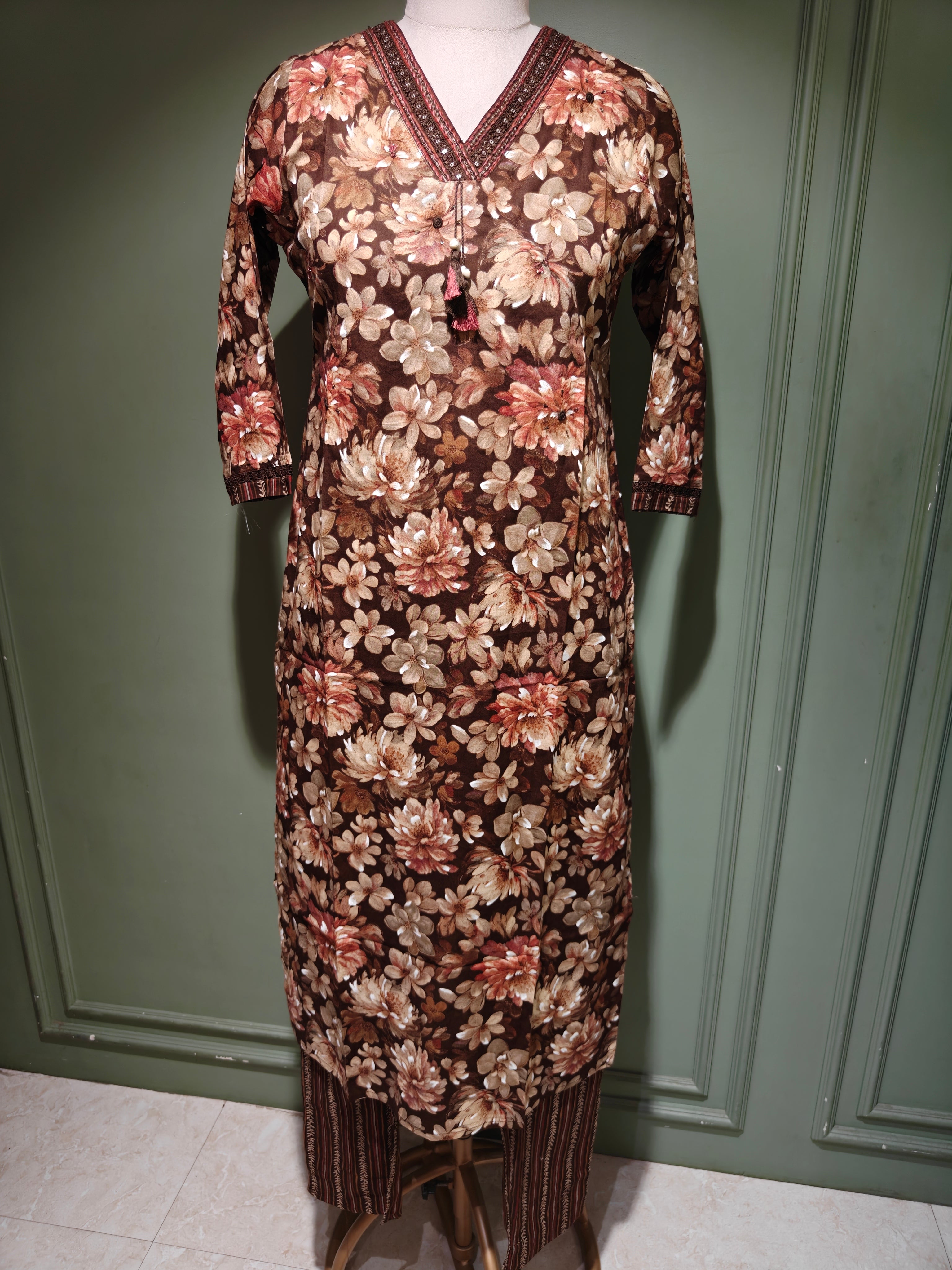 Brown Floral Print Pure Cotton Salwar Suit with Dupatta
