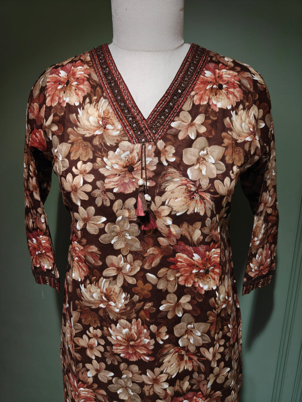 Brown Floral Print Pure Cotton Salwar Suit with Dupatta