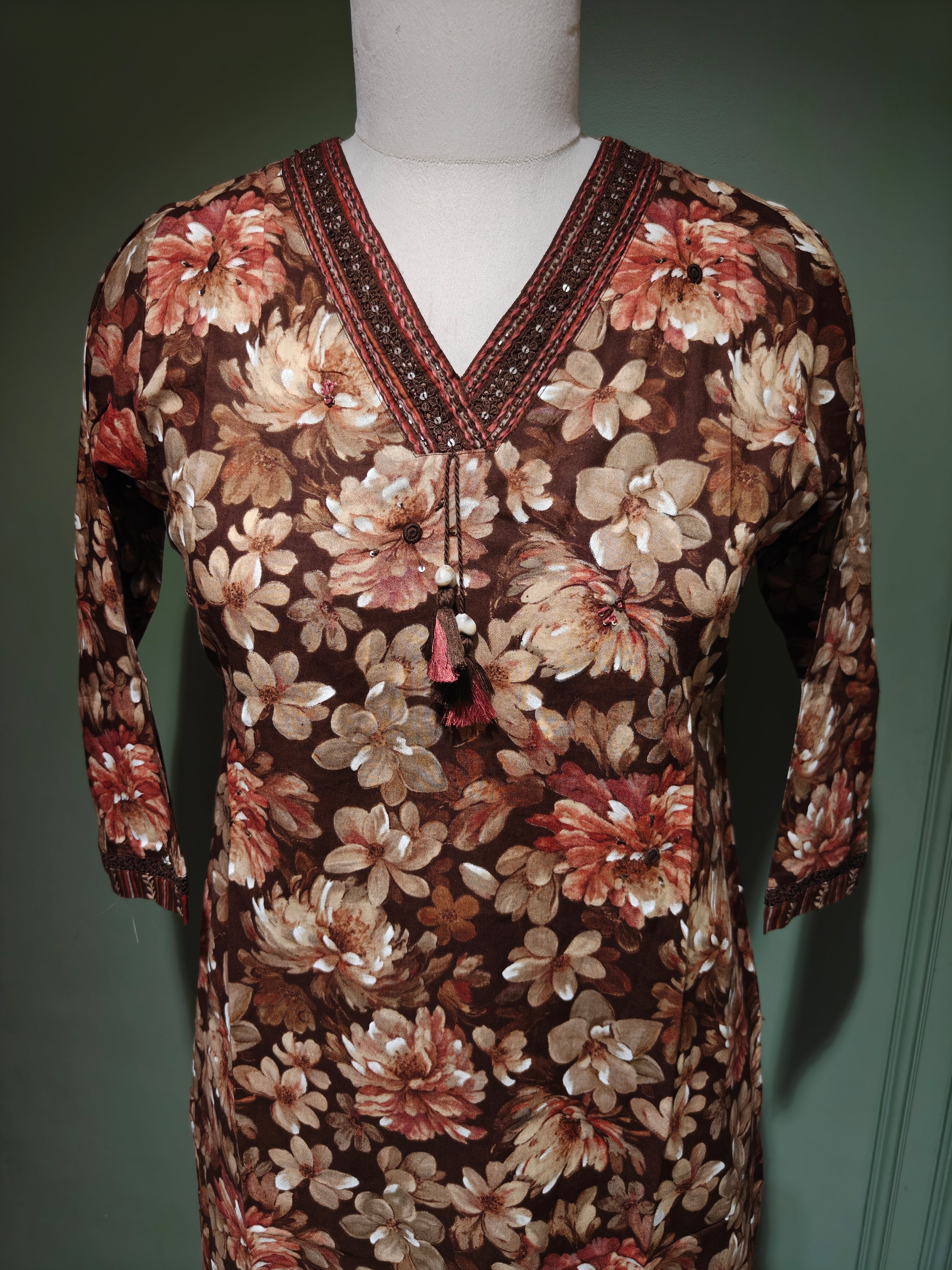 Brown Floral Print Pure Cotton Salwar Suit with Dupatta