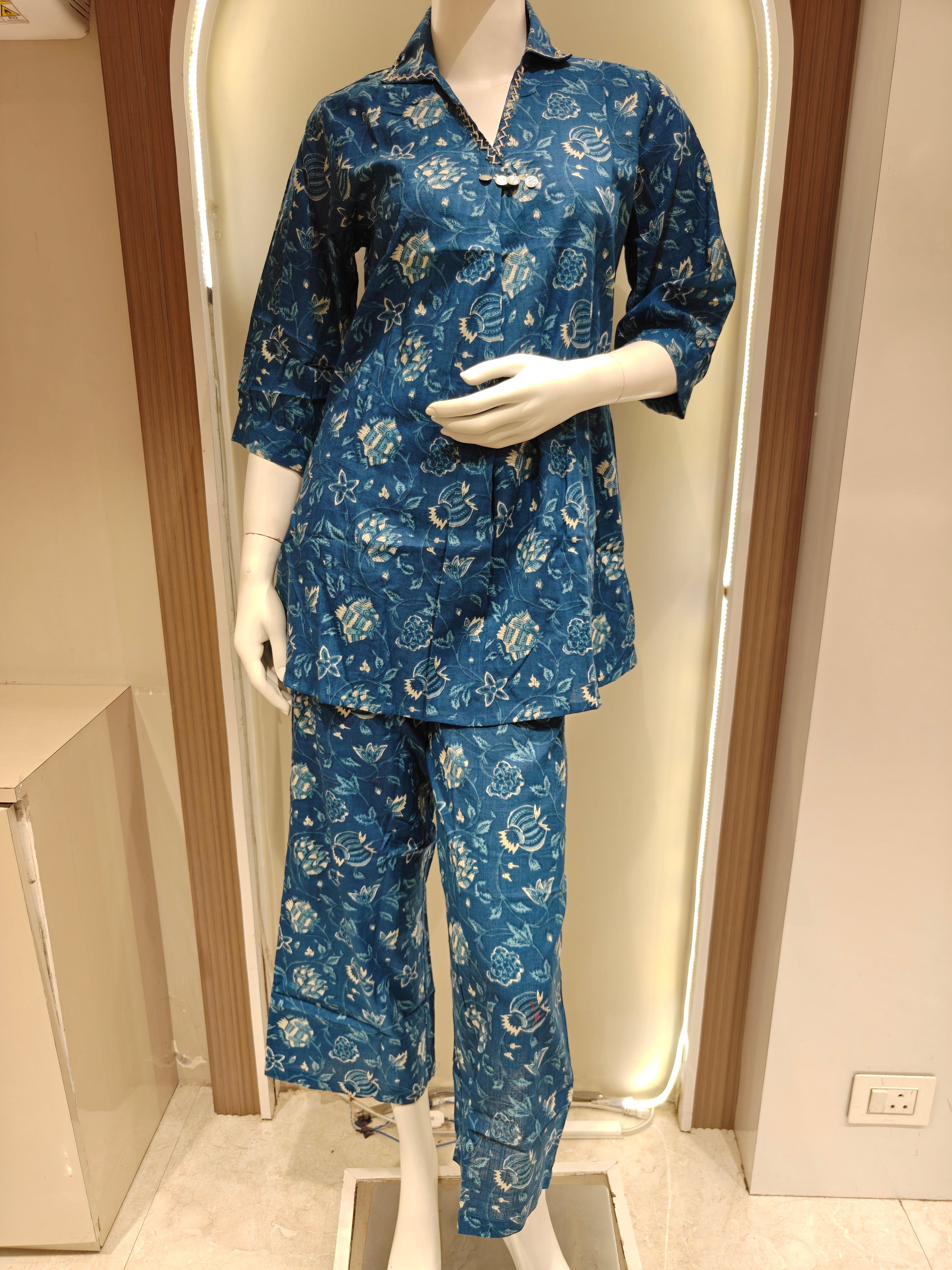 Deep Blue Printed Pure Cotton Co-Ord Set with Palazzo