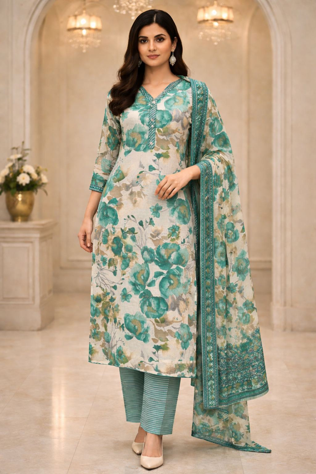 Floral Printed Capsule Cotton Kurta Set with Dupatta
