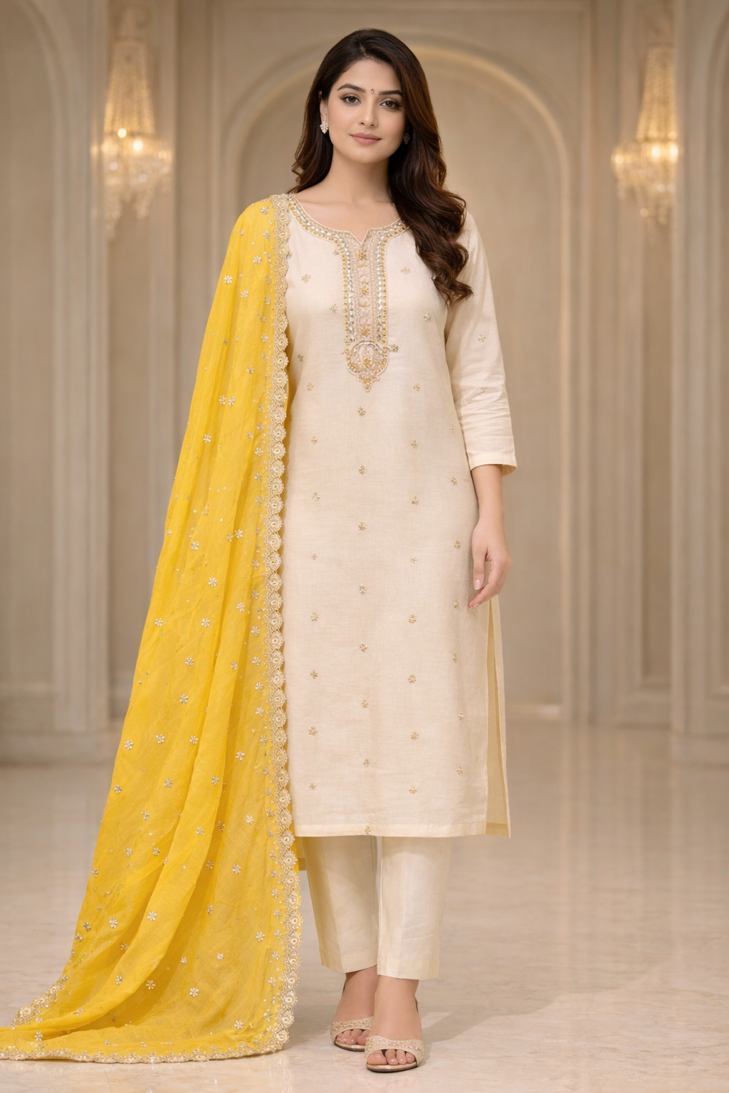 Vichitra Silk Embroidered Kurta Set with Yellow Dupatta