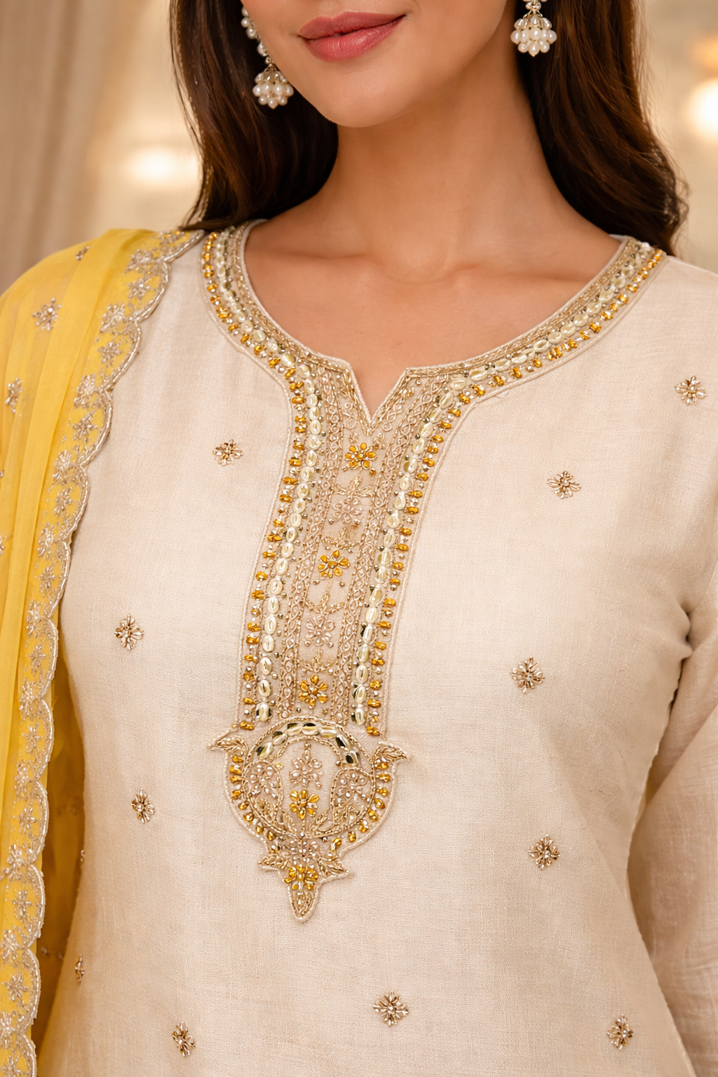 Vichitra Silk Embroidered Kurta Set with Yellow Dupatta